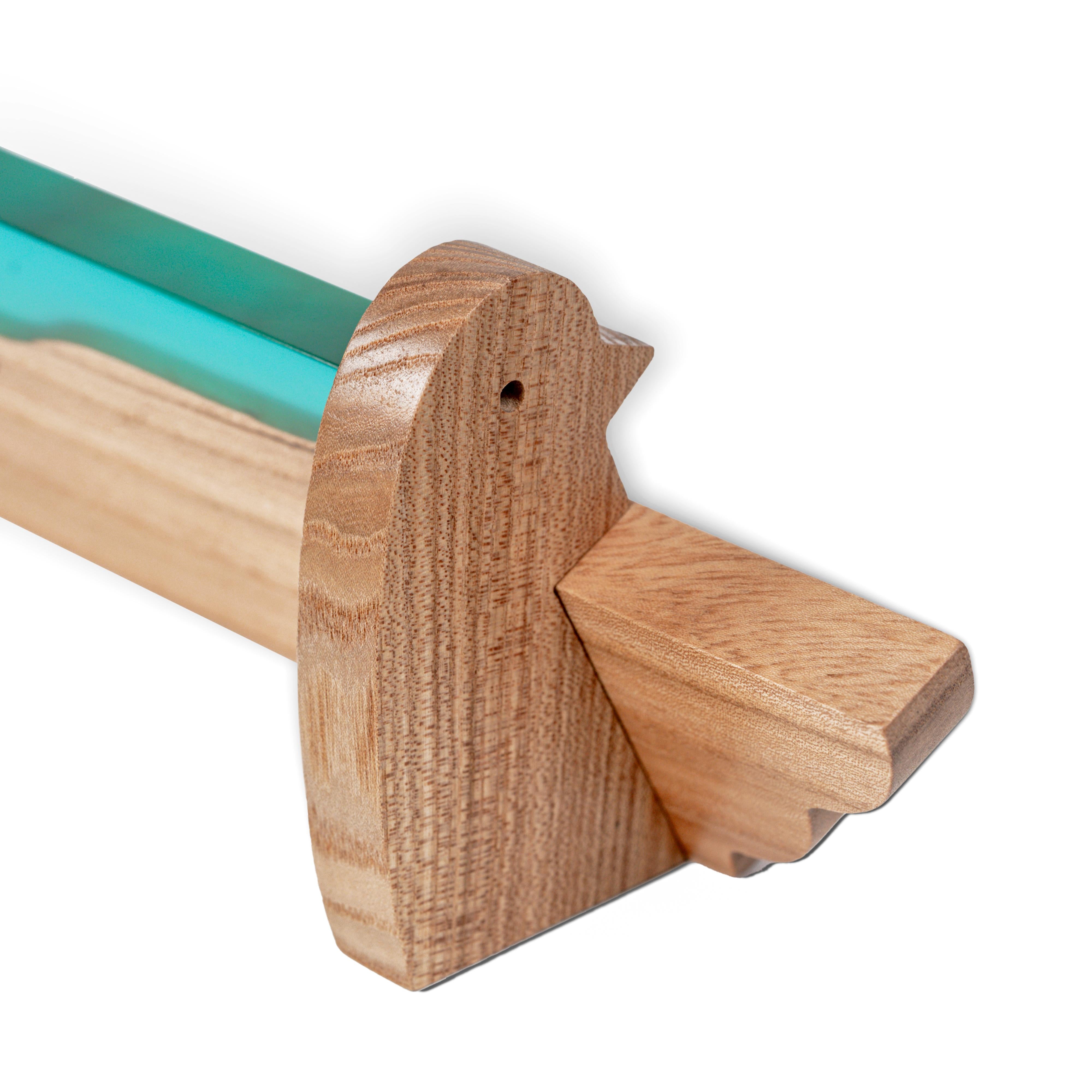 Dimensions of the personalized BIRDY desk name plate handcrafted from elm wood and aqua blue epoxy resin, measuring 225 × 85 × 65 mm (8.86 × 3.34 × 2.55 in).