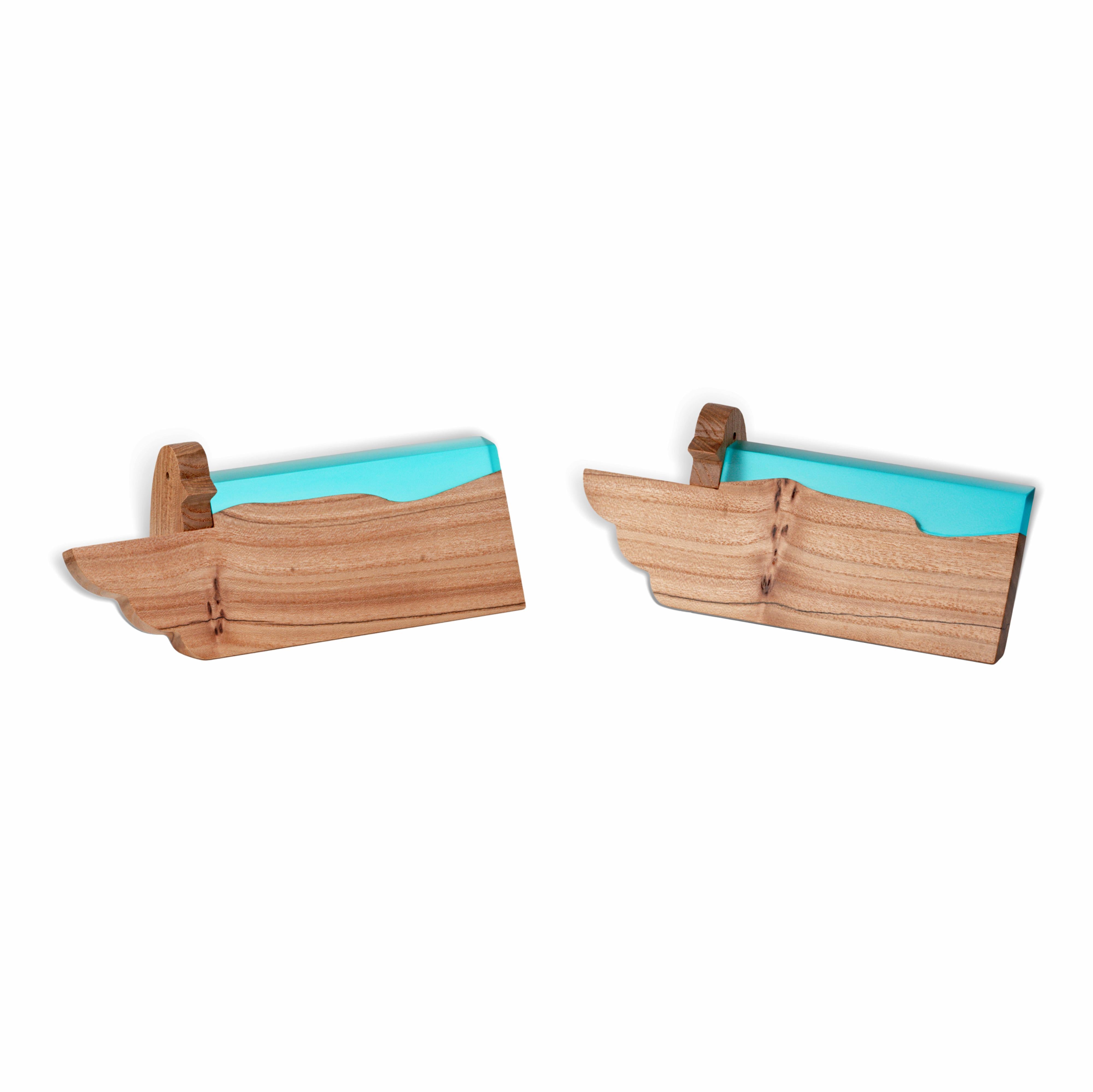 Profile view of the personalized BIRDY desk name plate handcrafted from elm wood and aqua blue epoxy resin