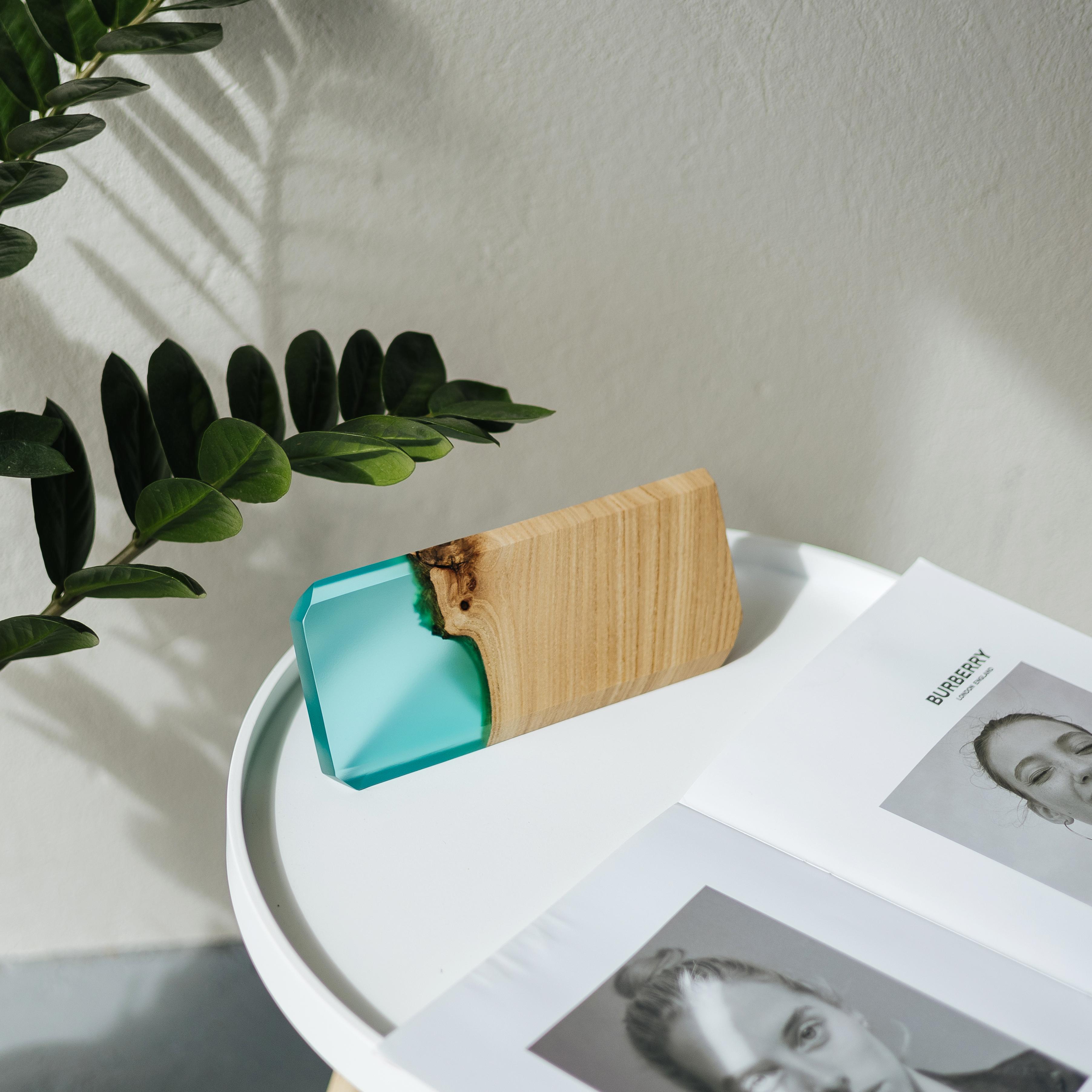 Front view of the personalized MODERN desk name plate made from elm wood and aqua blue epoxy resin