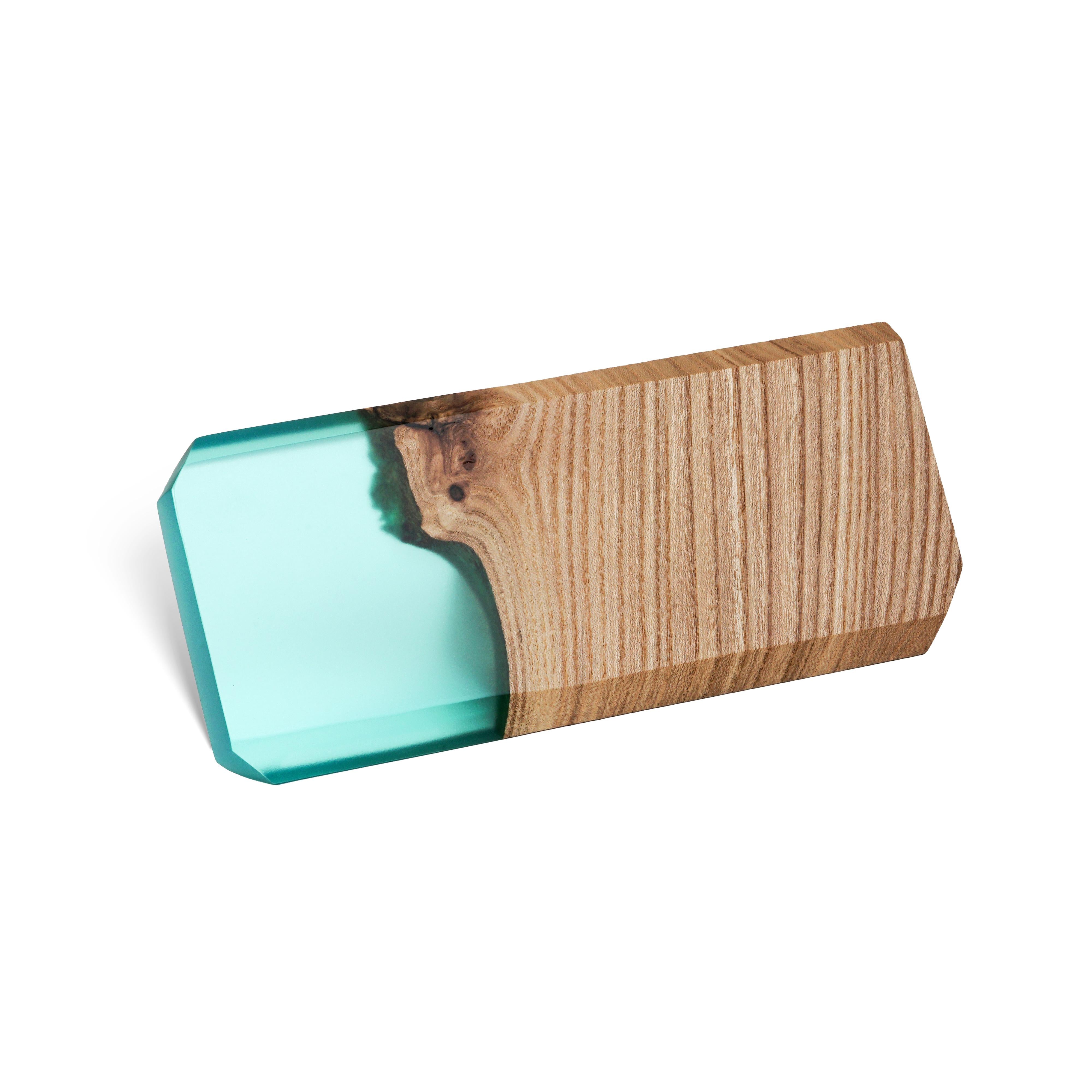 Top view of the personalized MODERN desk name plate made from elm wood and aqua blue epoxy resin