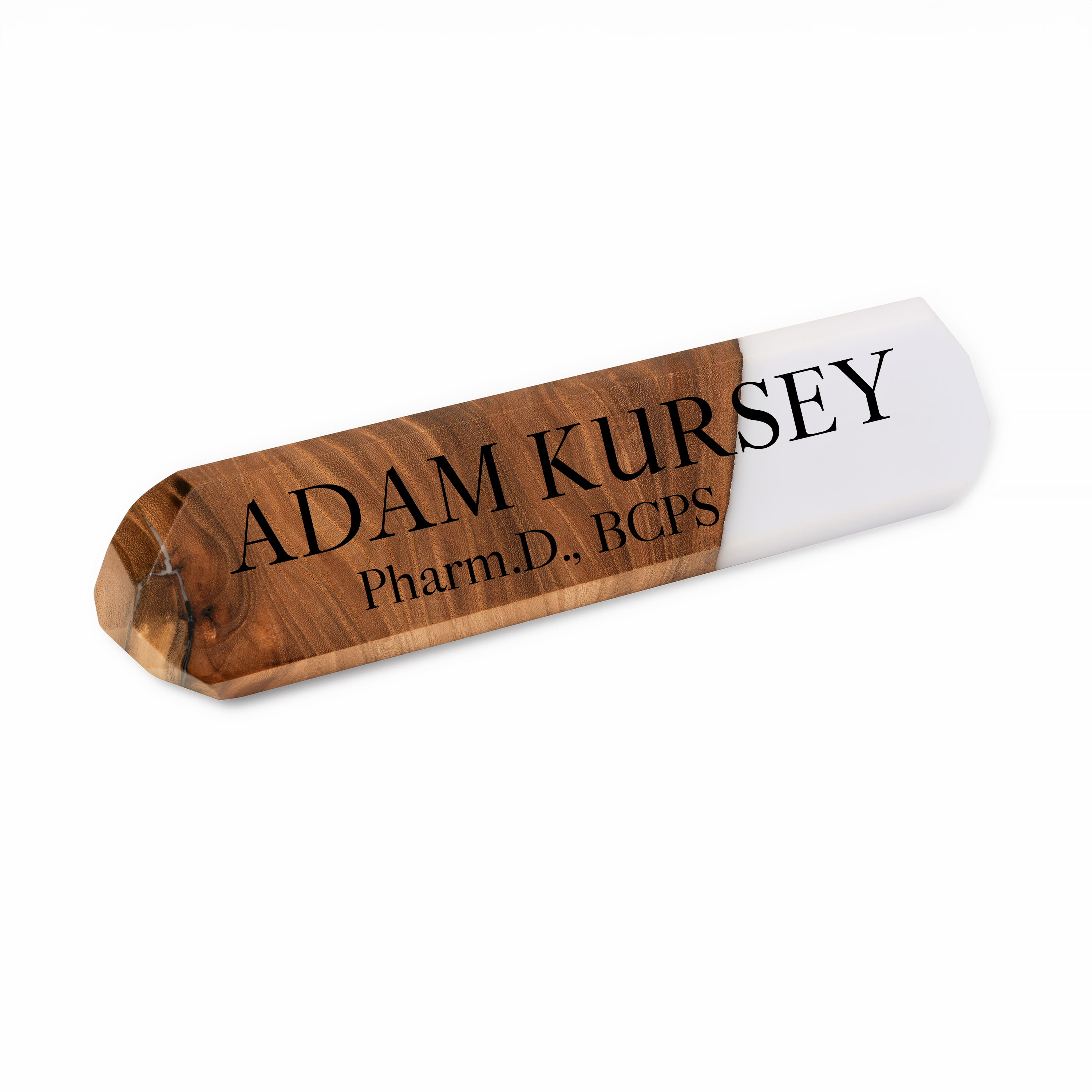 Close-up of the personalized desk name plate handcrafted from elm wood and white epoxy resin