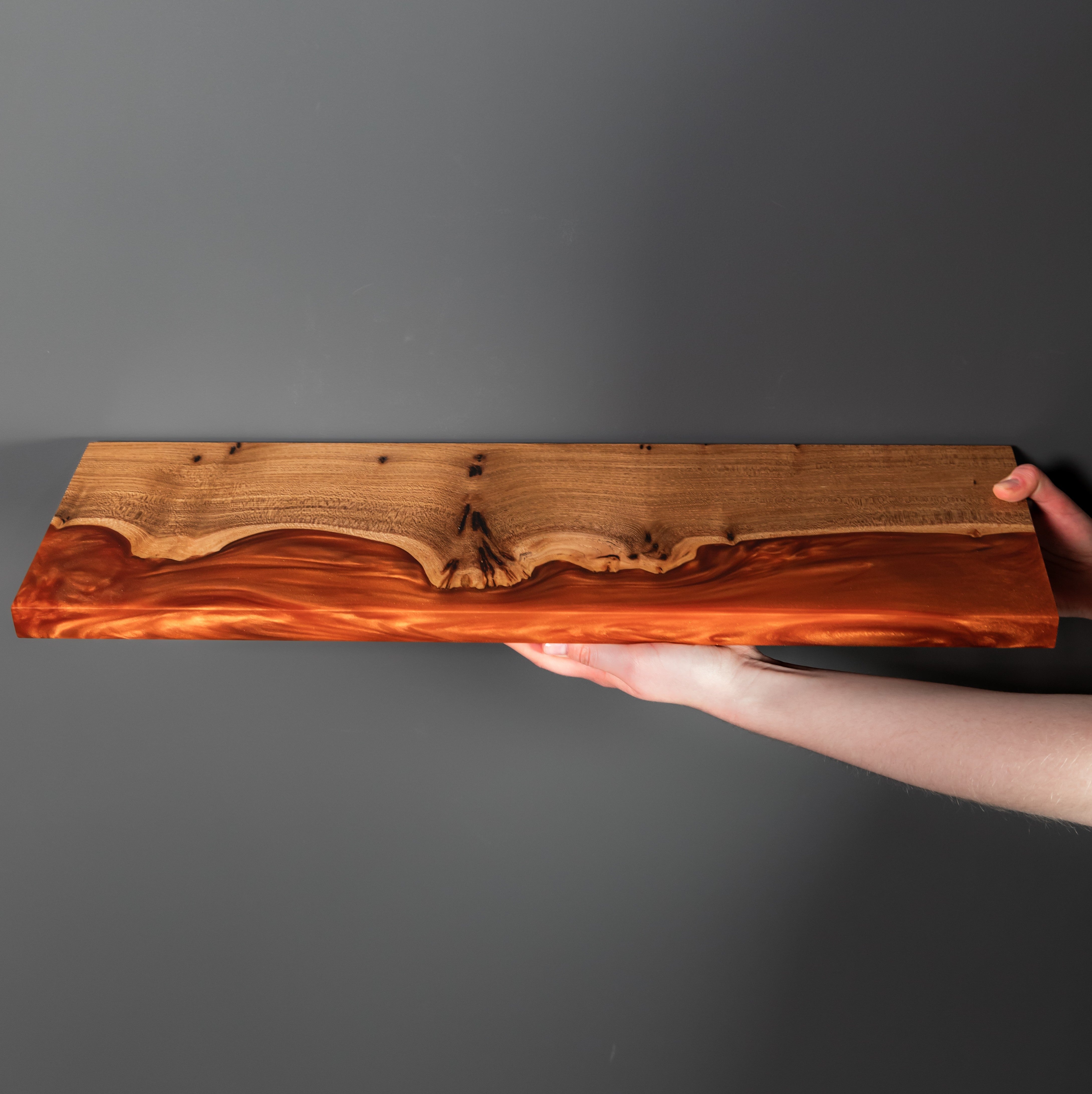 Amber Epoxy & Elm Wood - Live Edge Floating Shelf
