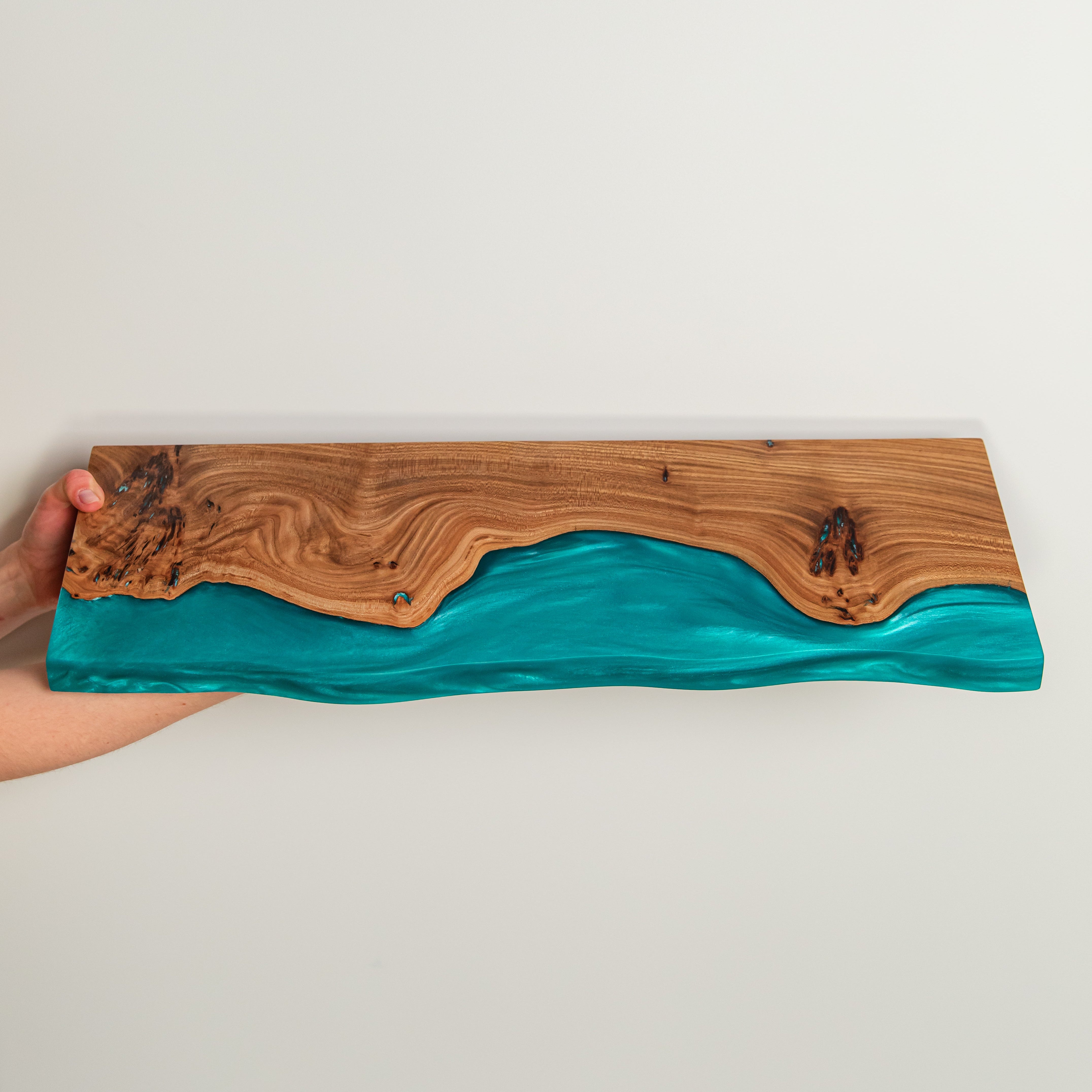 Sky Blue Epoxy & Elm Dark Wood - Live Edge Floating Shelf