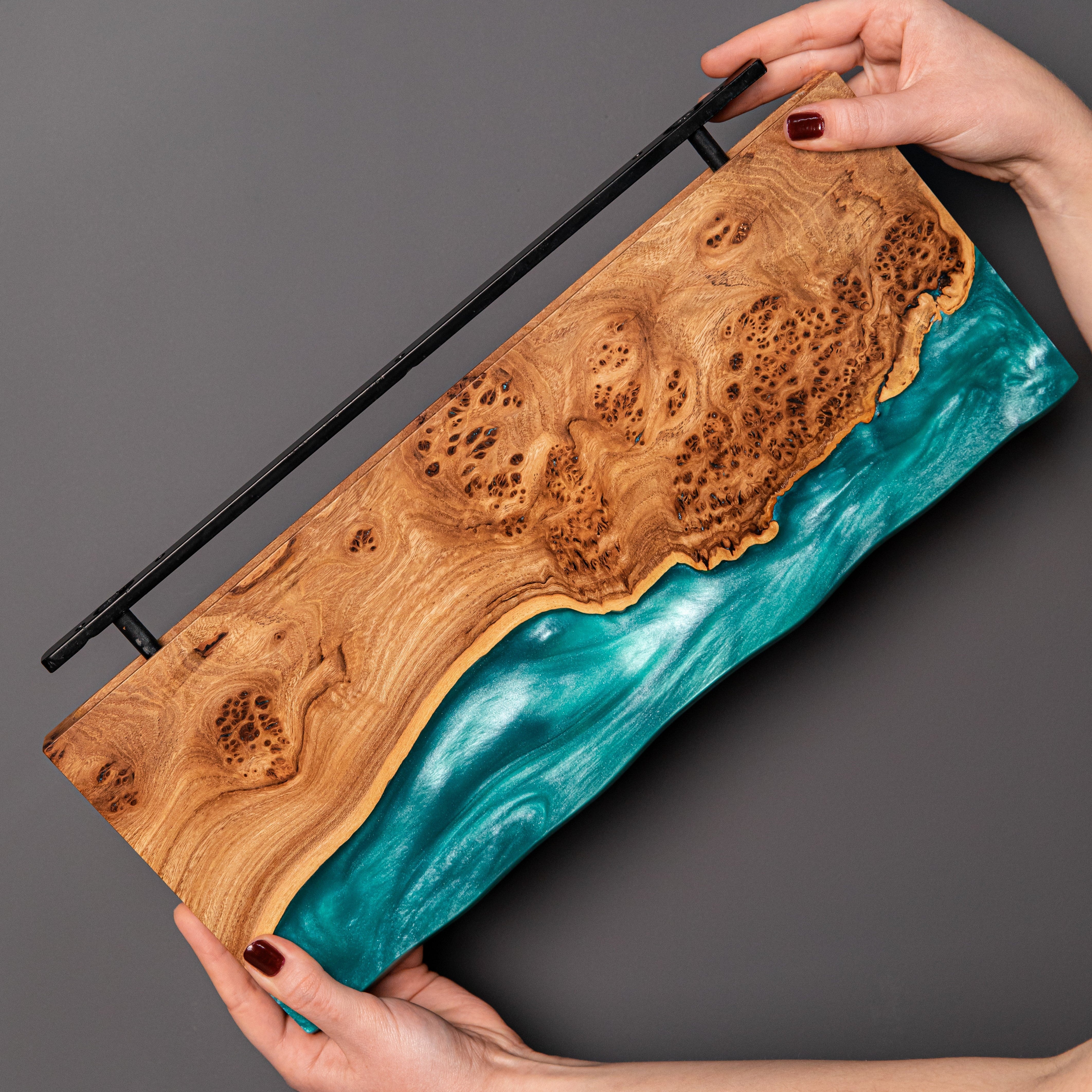 Sky Blue Epoxy & Elm Dark Wood - Live Edge Floating Shelf