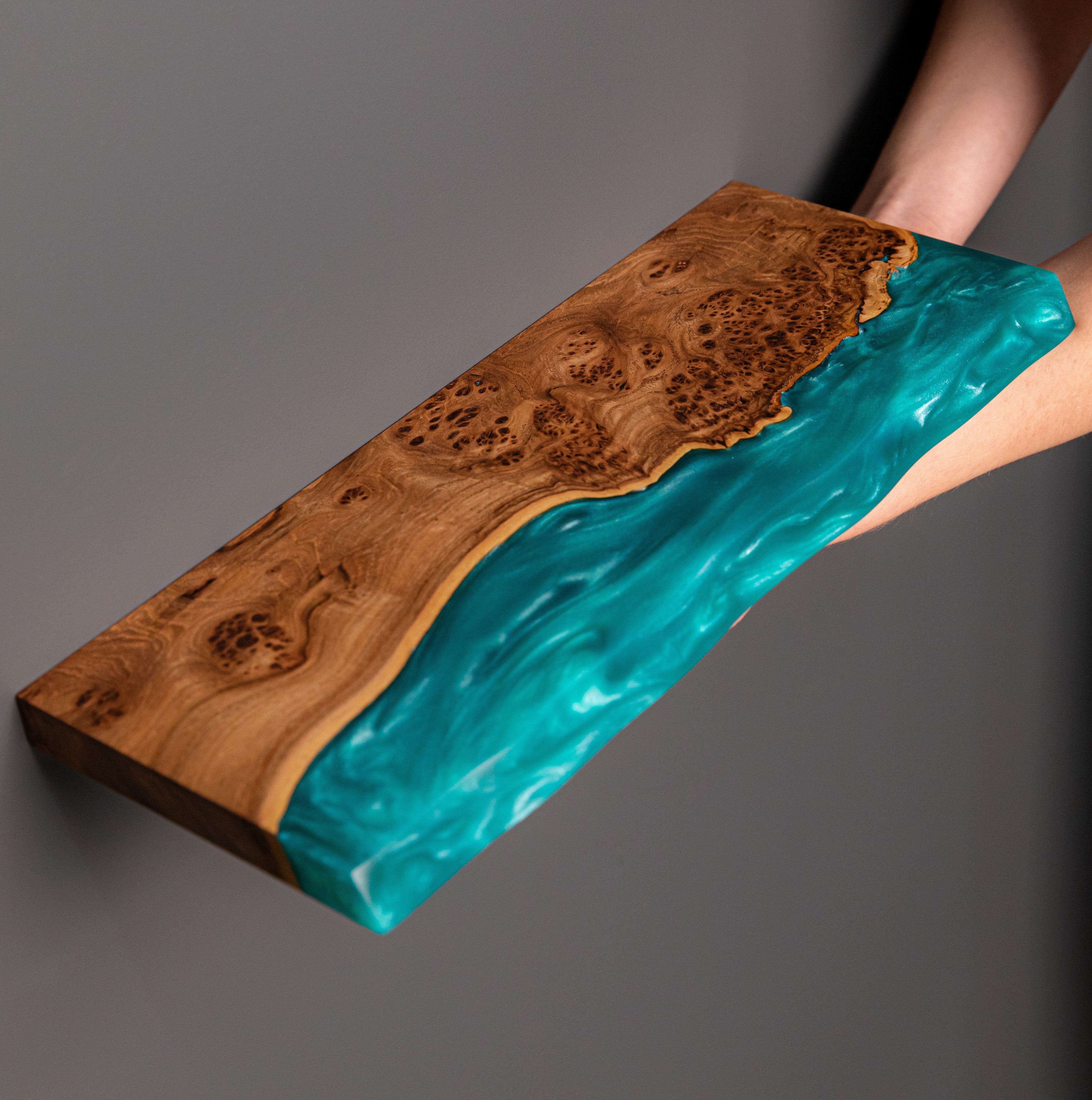 Sky Blue Epoxy & Elm Dark Wood - Live Edge Floating Shelf