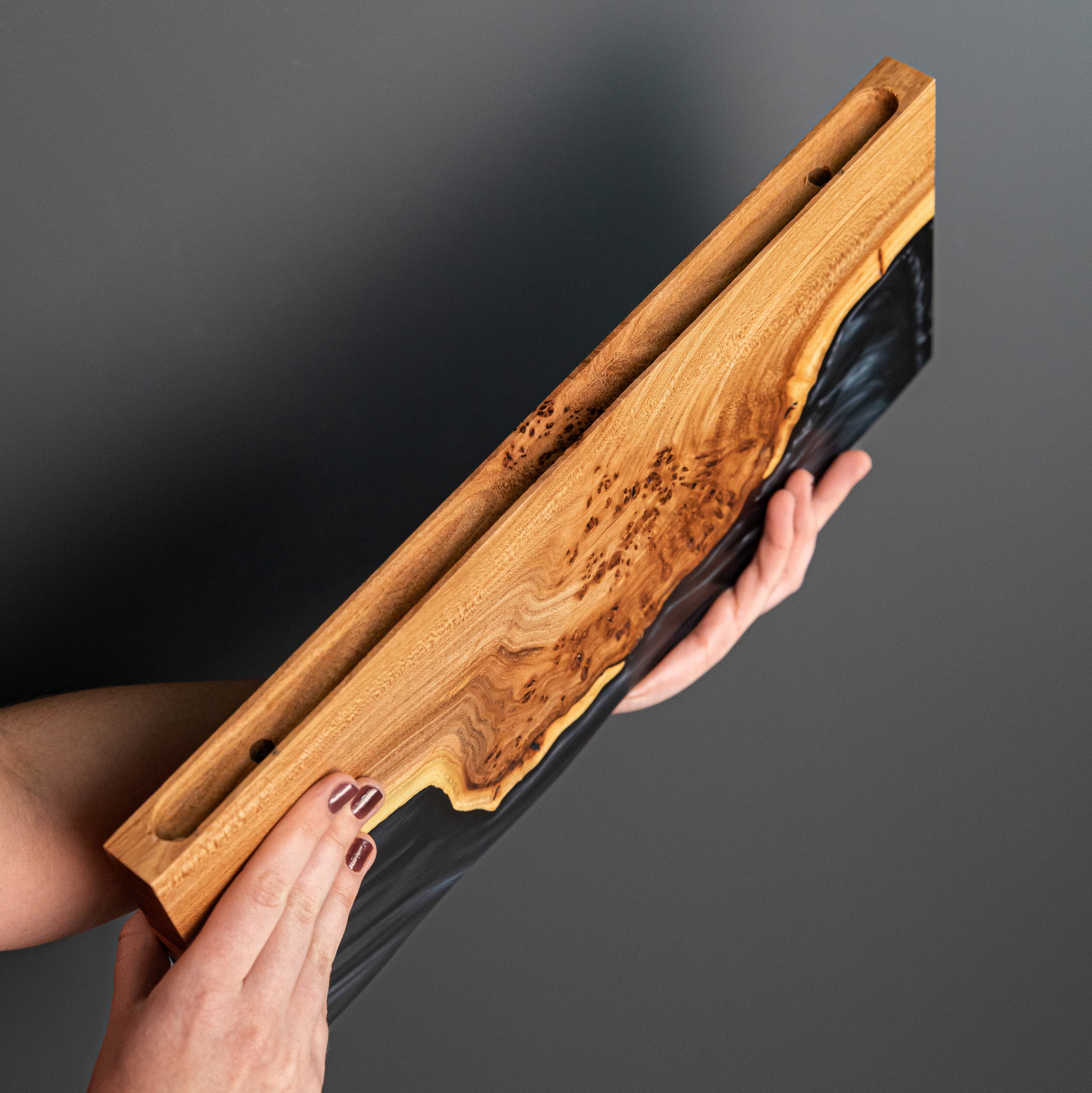 Black Epoxy & Elm Wood - Wedge Floating Shelf