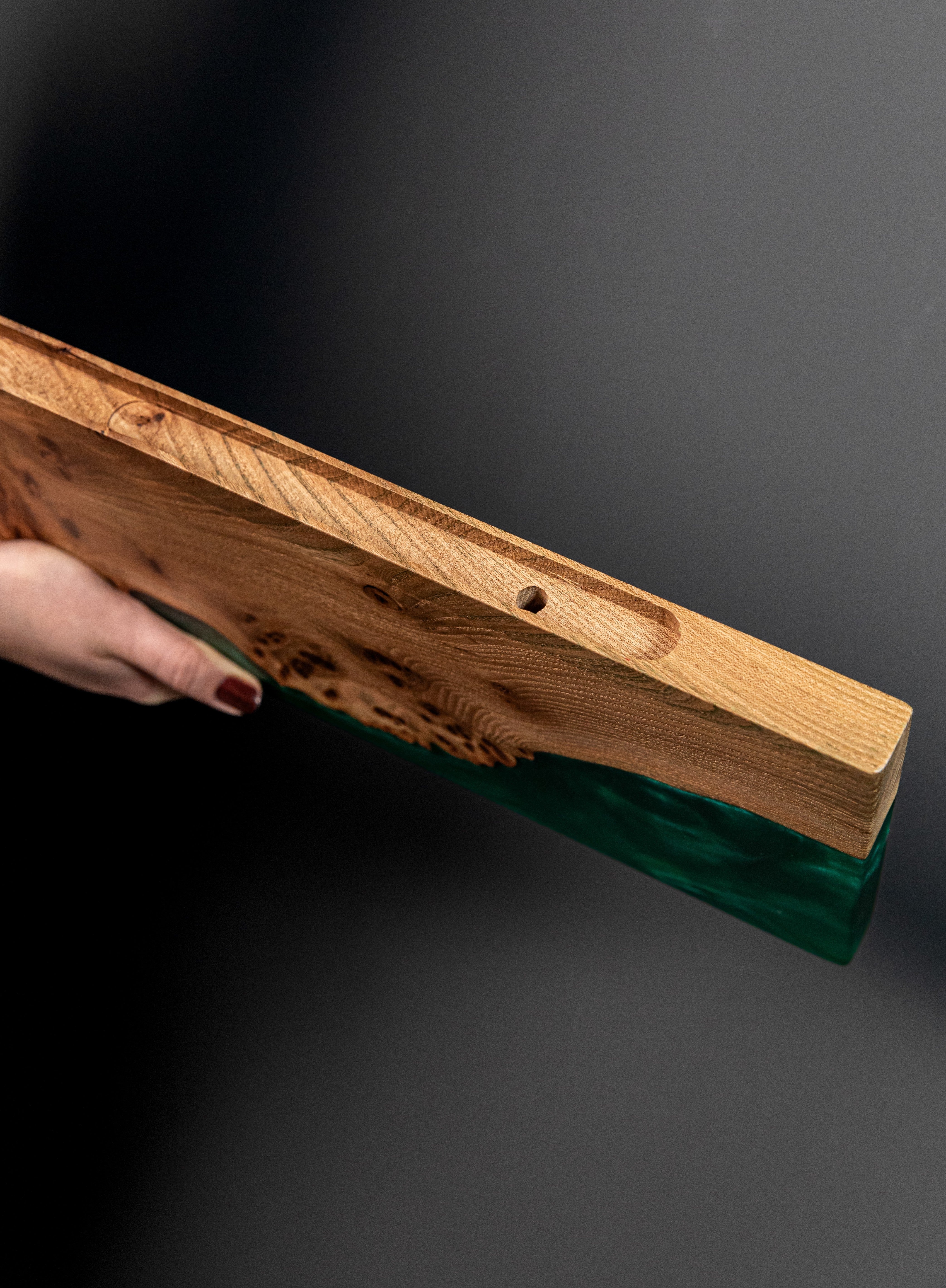 Green Pearl Epoxy & Dark Wood Floating Shelf