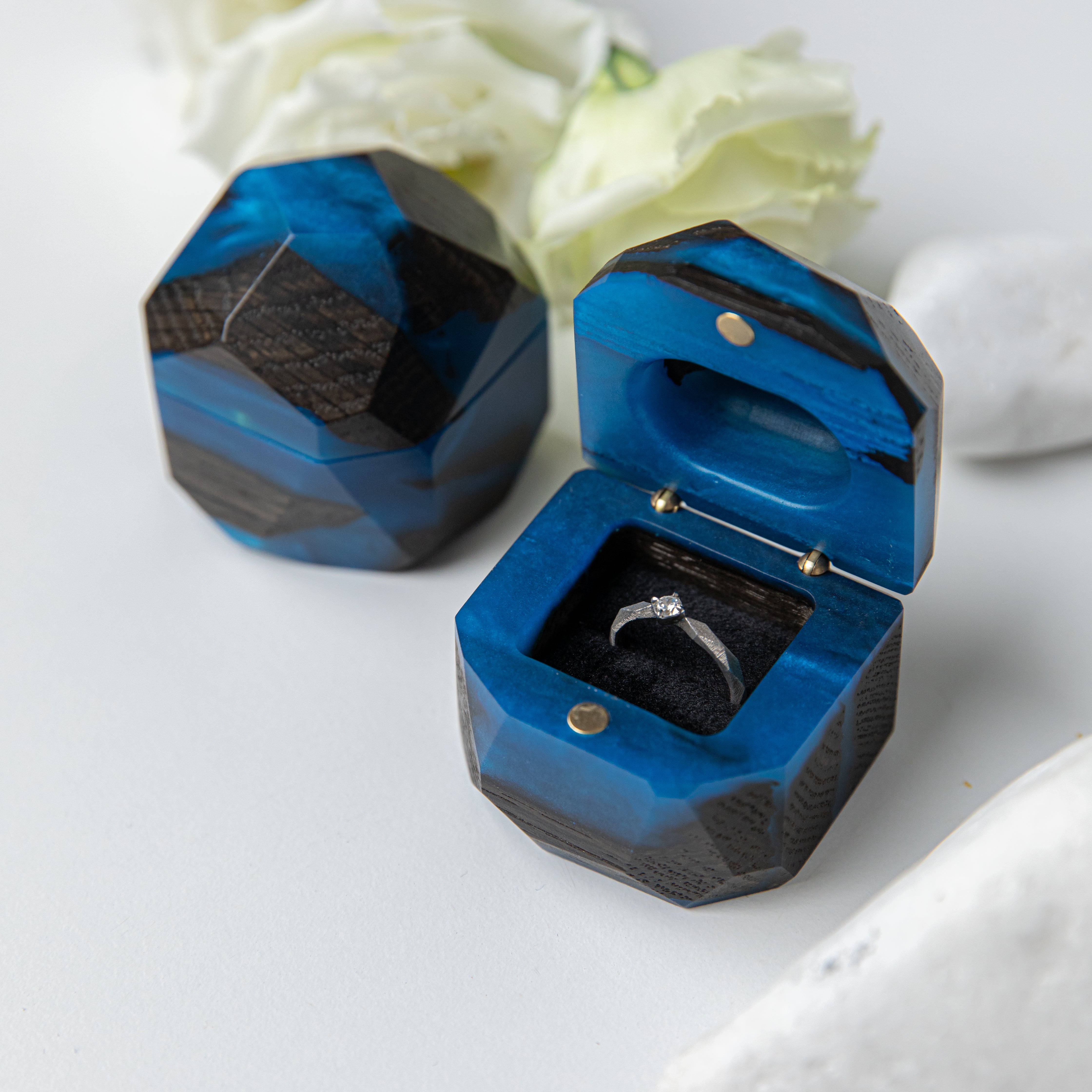 Proposal Ring Box – Blue Epoxy & Bog Oak Wood – METEORITE