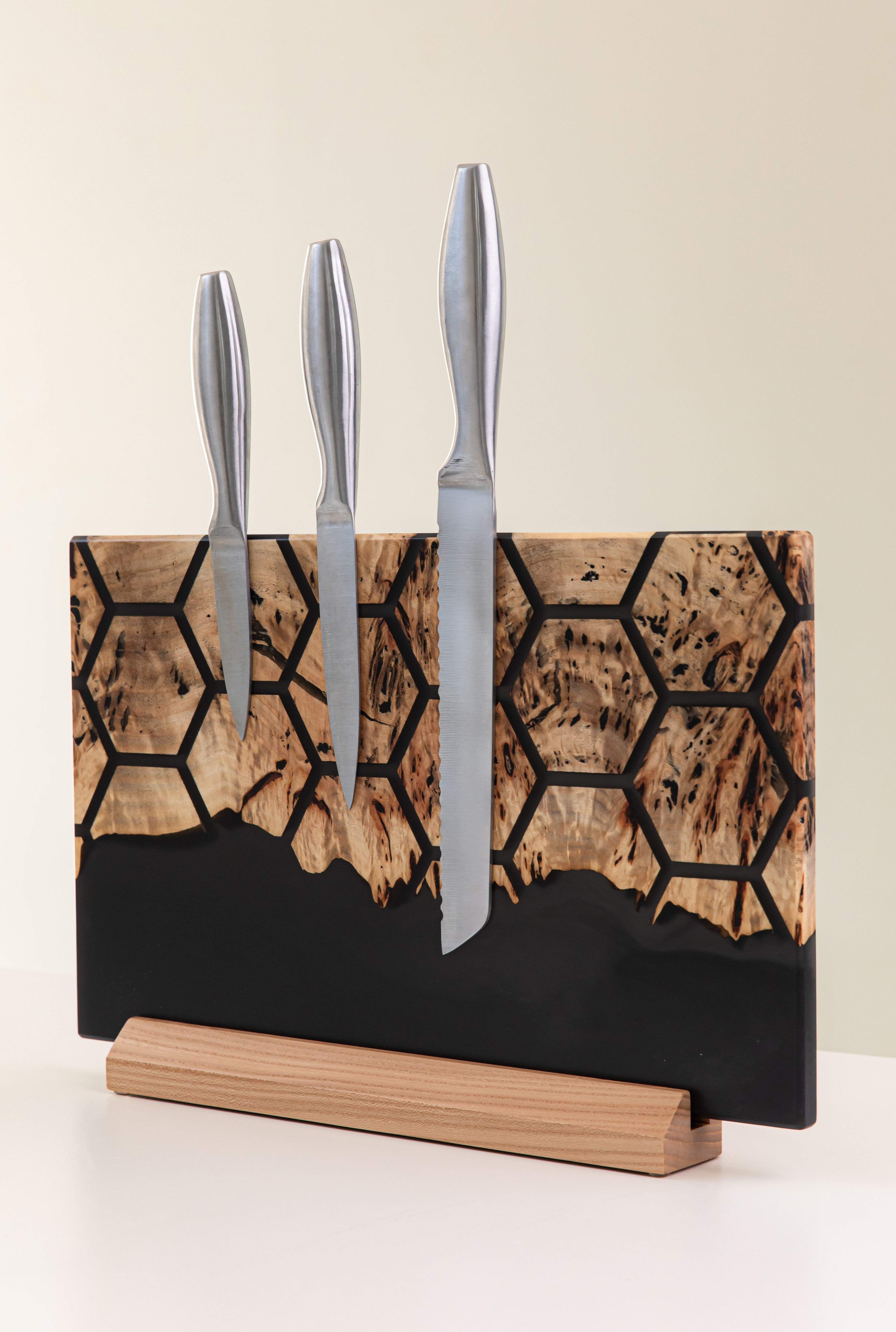 Black Epoxy Resin & Wood Magnetic Knife Block UNIVERSE – countertop