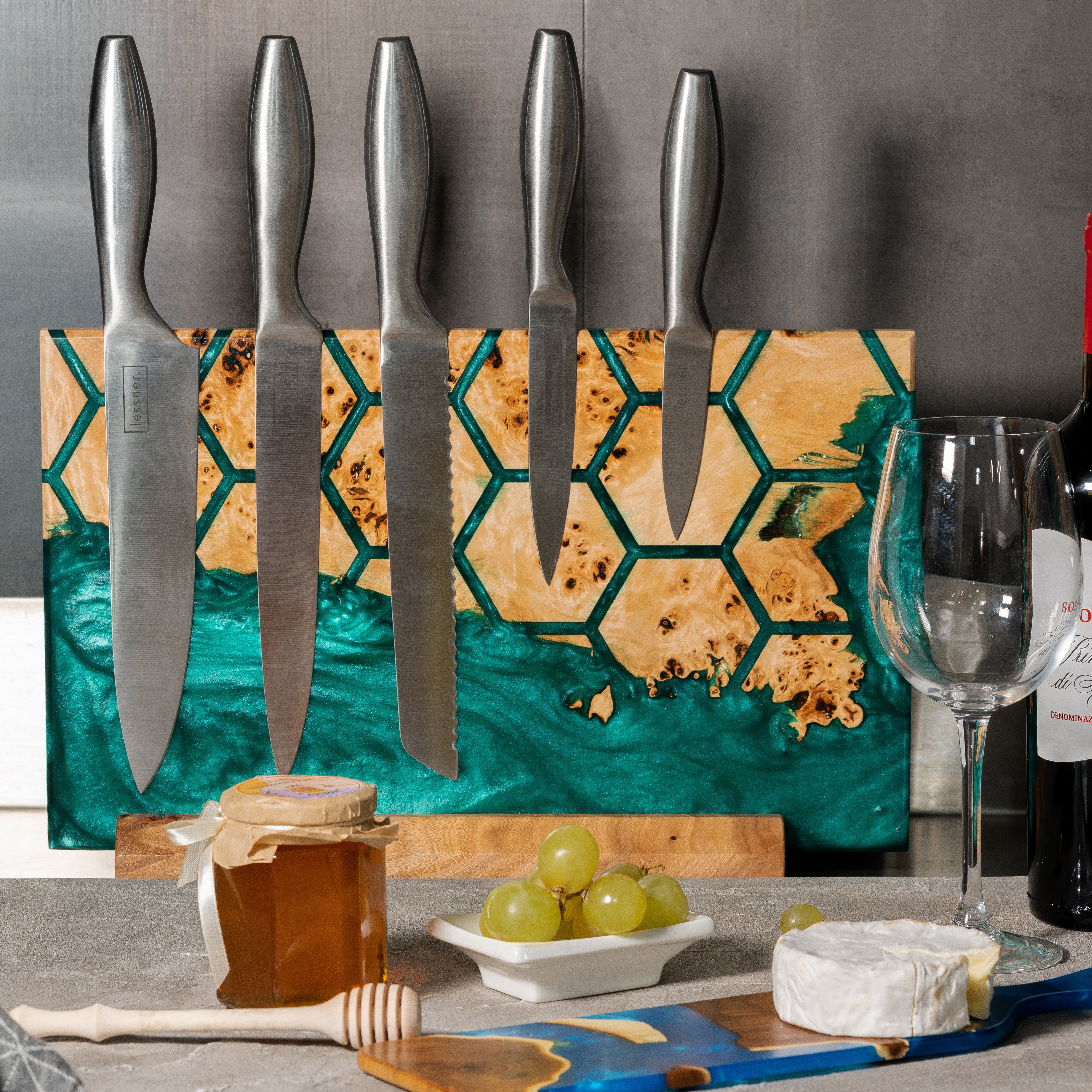 Green Pearl Epoxy Resin & Wood Magnetic Knife Block UNIVERSE – countertop