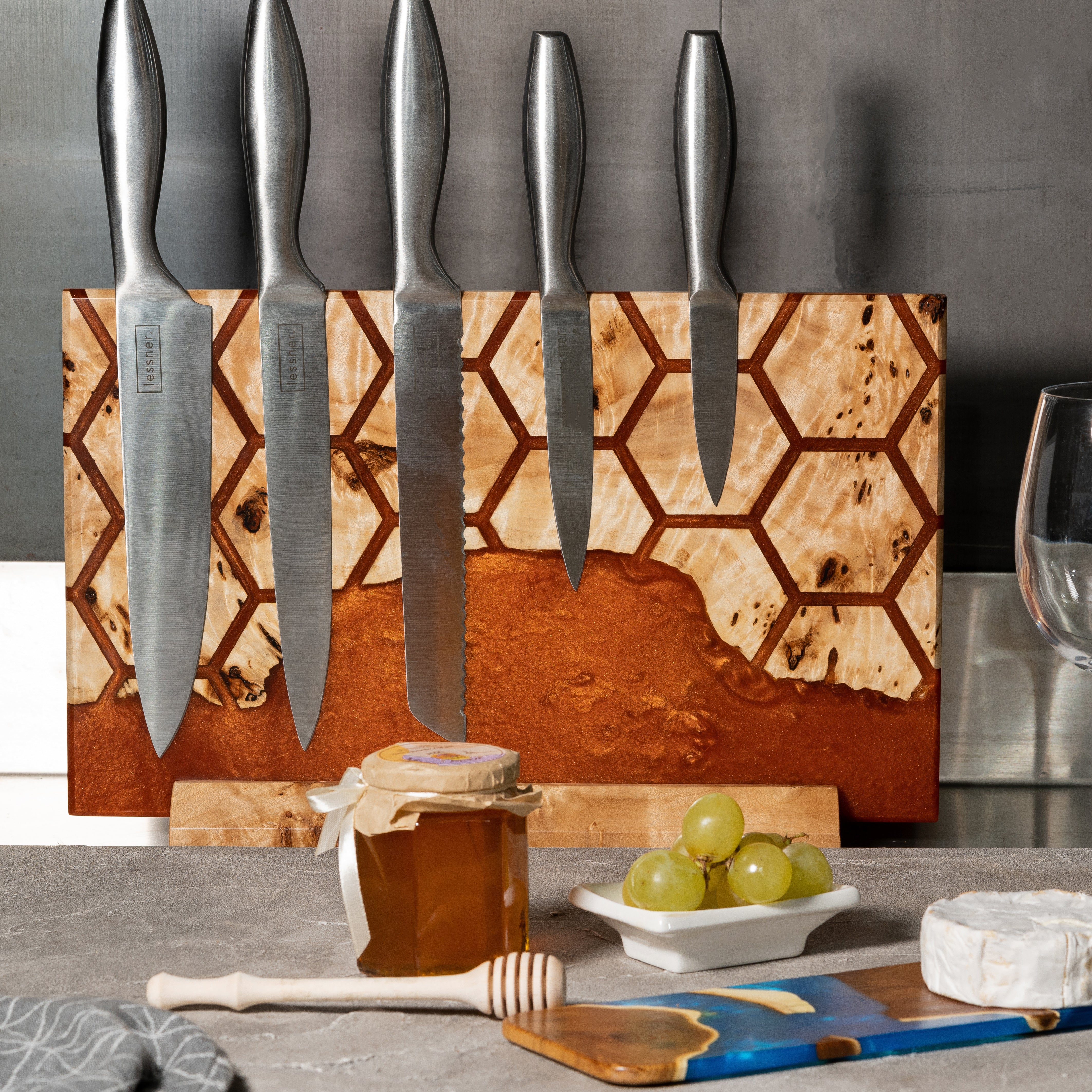 Amber Pearl Epoxy Resin & Wood Magnetic Knife Block UNIVERSE – countertop