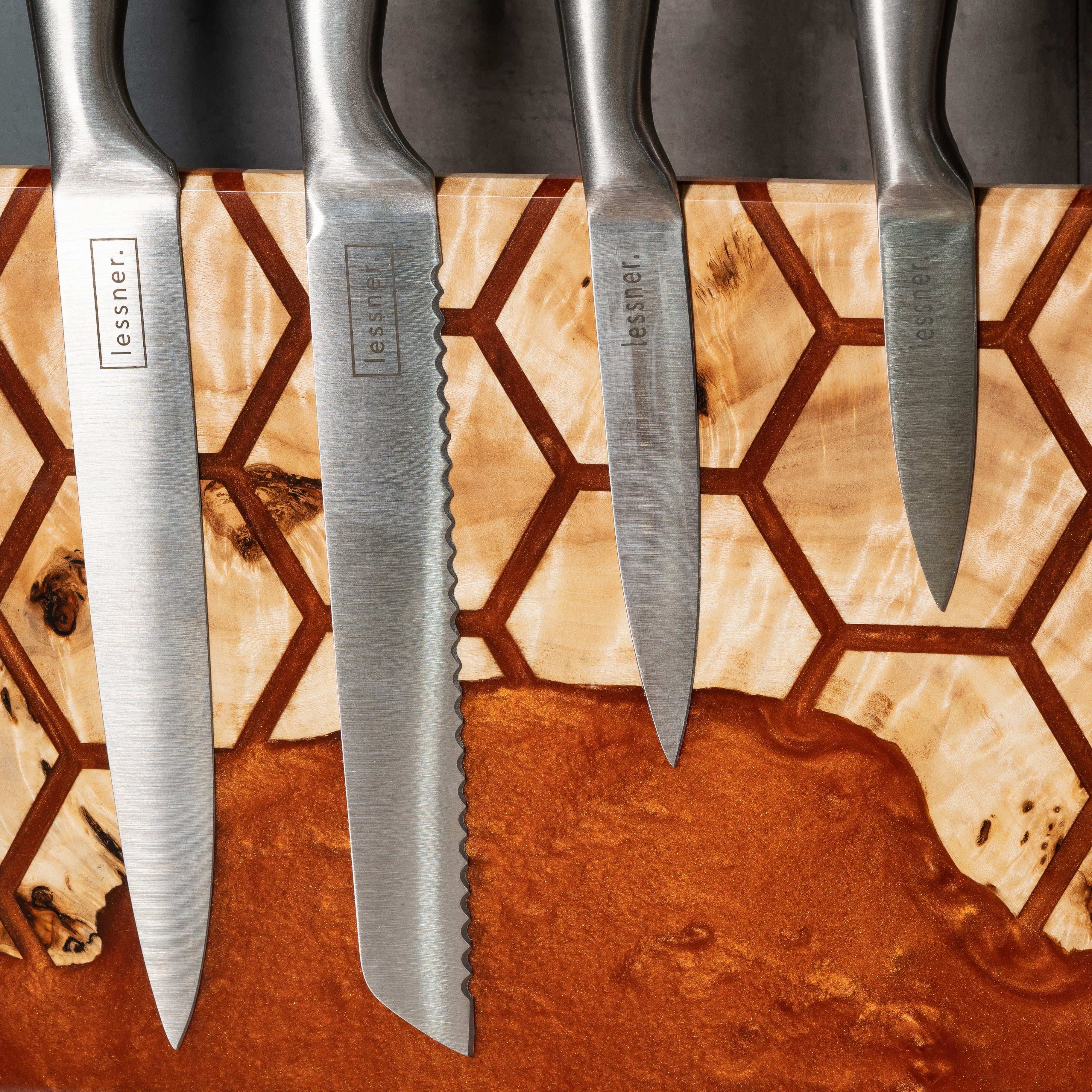 Amber Pearl Epoxy Resin & Wood Magnetic Knife Block UNIVERSE – countertop
