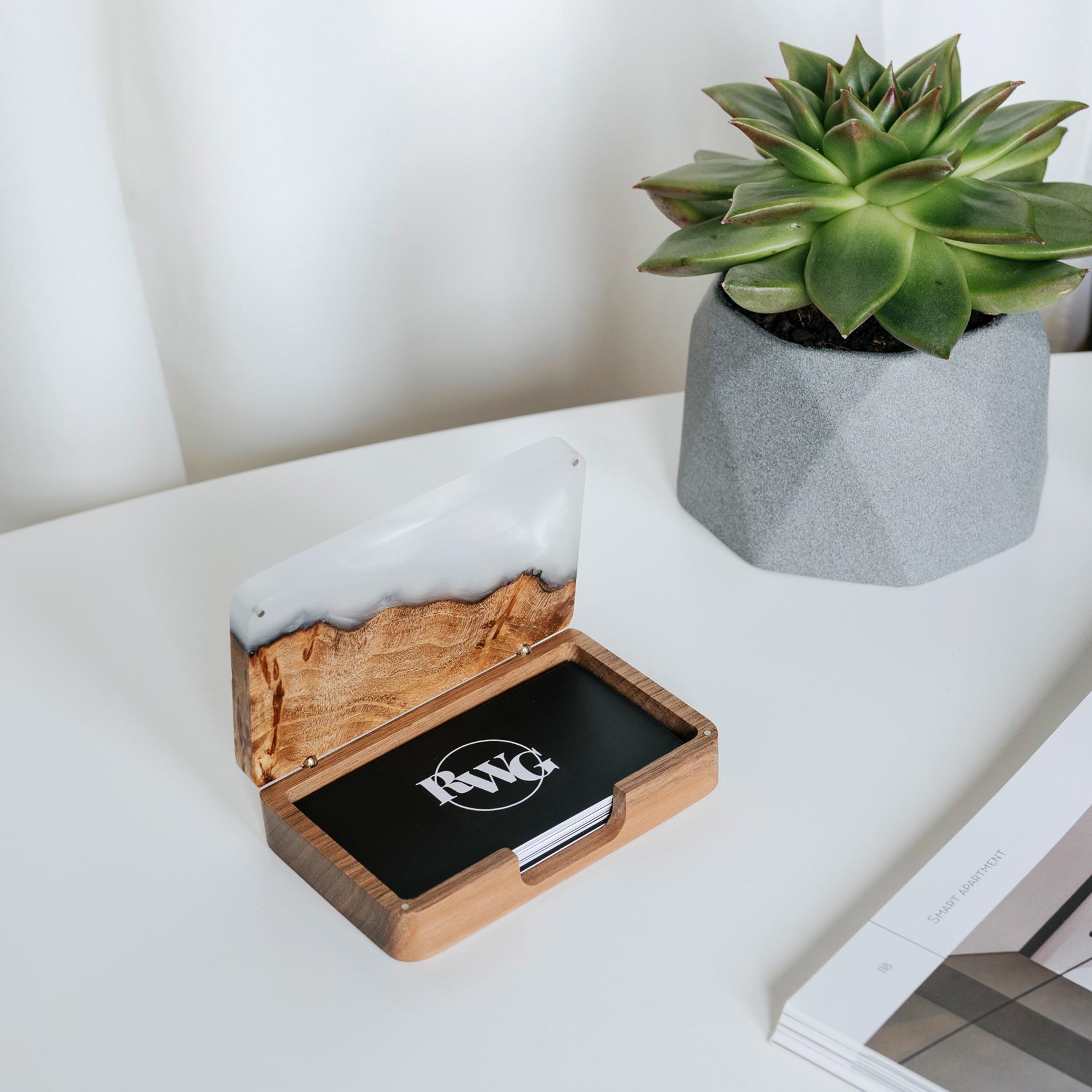 Wood & Resin Card Holder Box – Elm Platinum
