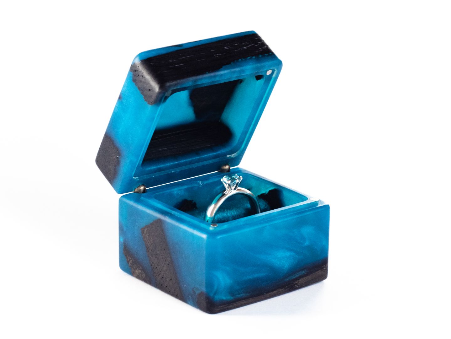Elegant blue epoxy and bog oak wood engagement ring box with the lid fully opened