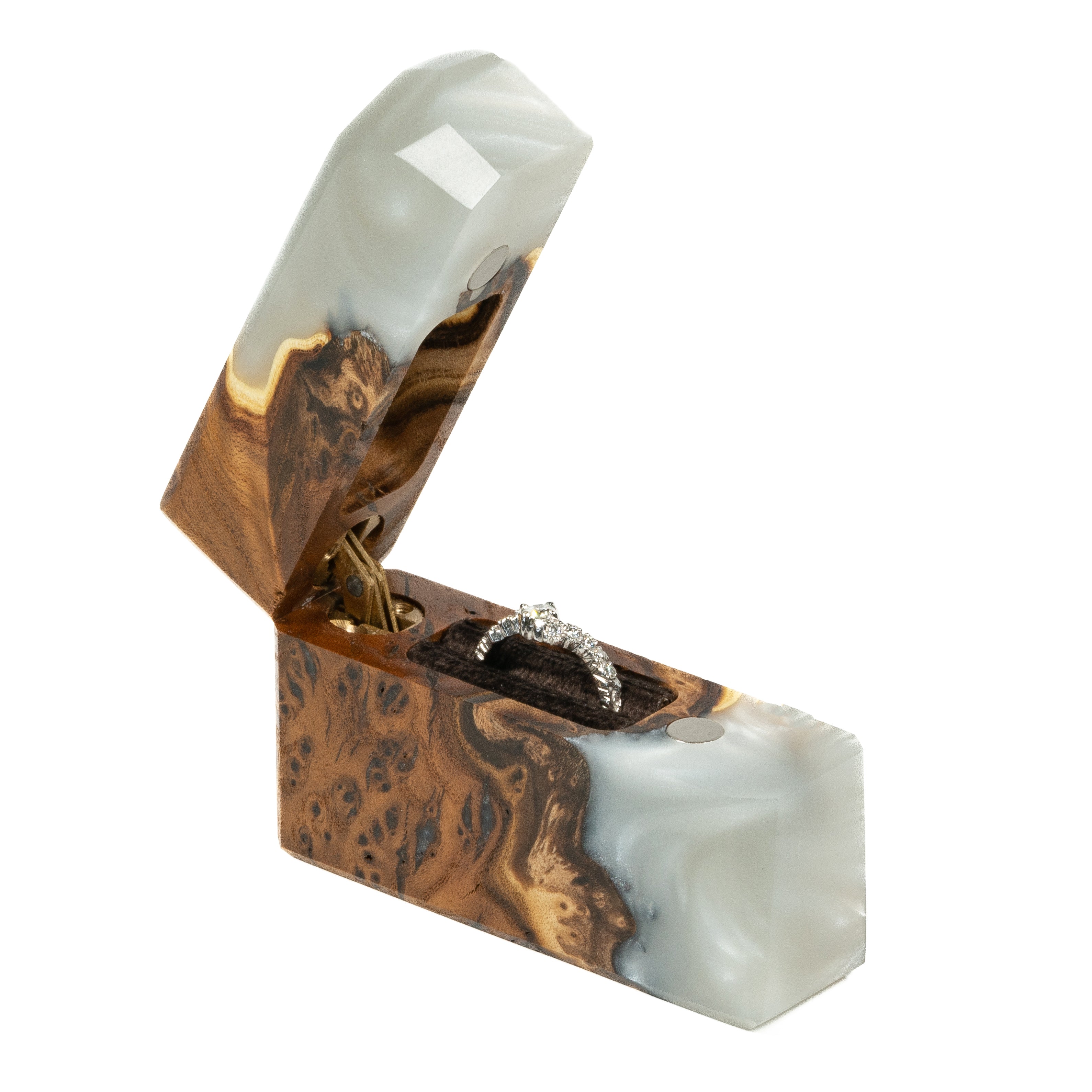 Elegant open platinum epoxy and elm wood engagement ring box showcasing the interior ring compartment