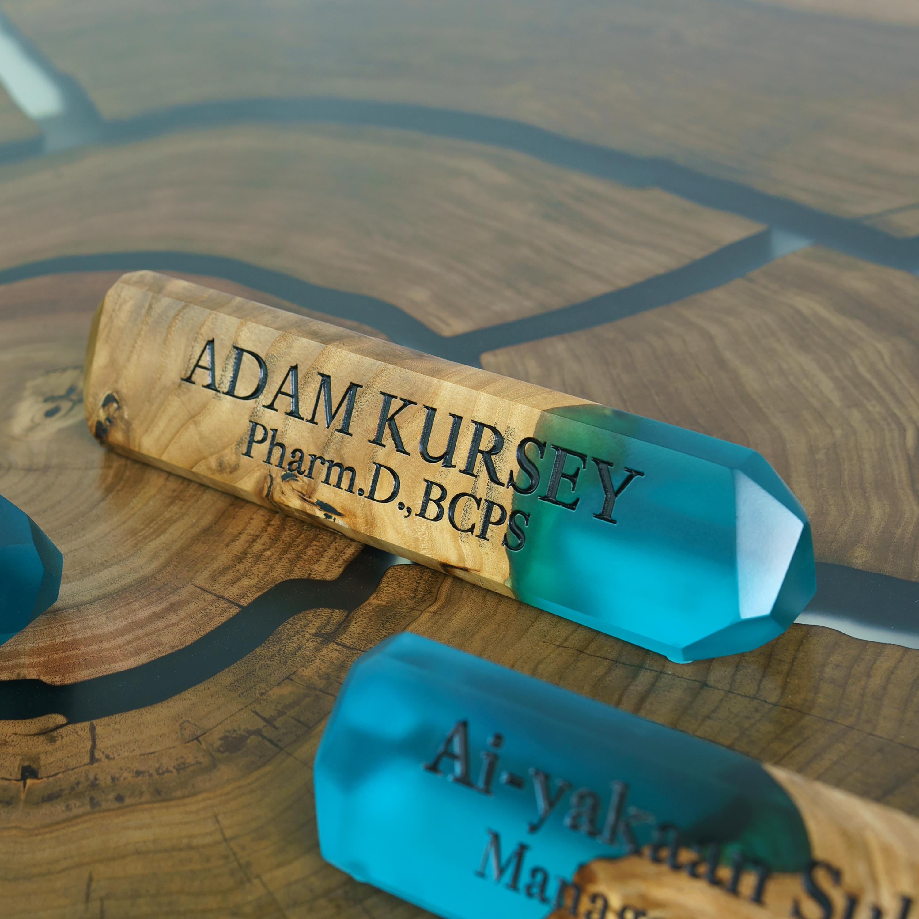 Engraved personalized desk name plates handcrafted from natural elm wood and aqua blue epoxy resin