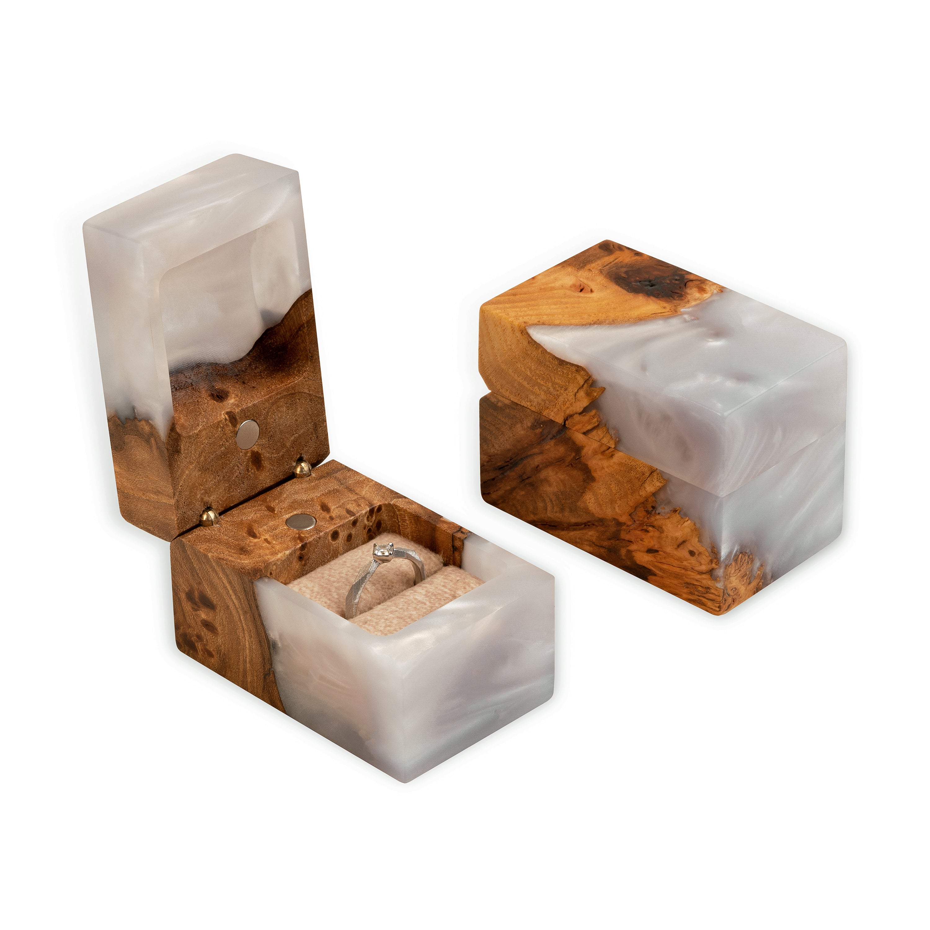 Handcrafted platinum epoxy and elm wood engagement ring box with ring compartment visible