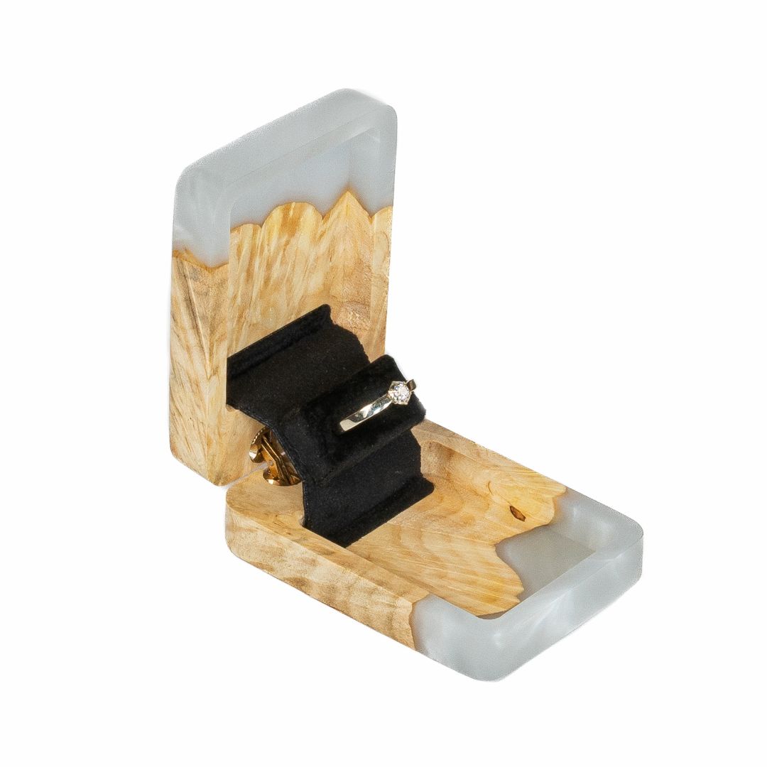 Handcrafted platinum epoxy and maple wood engagement ring box shown open at an angle