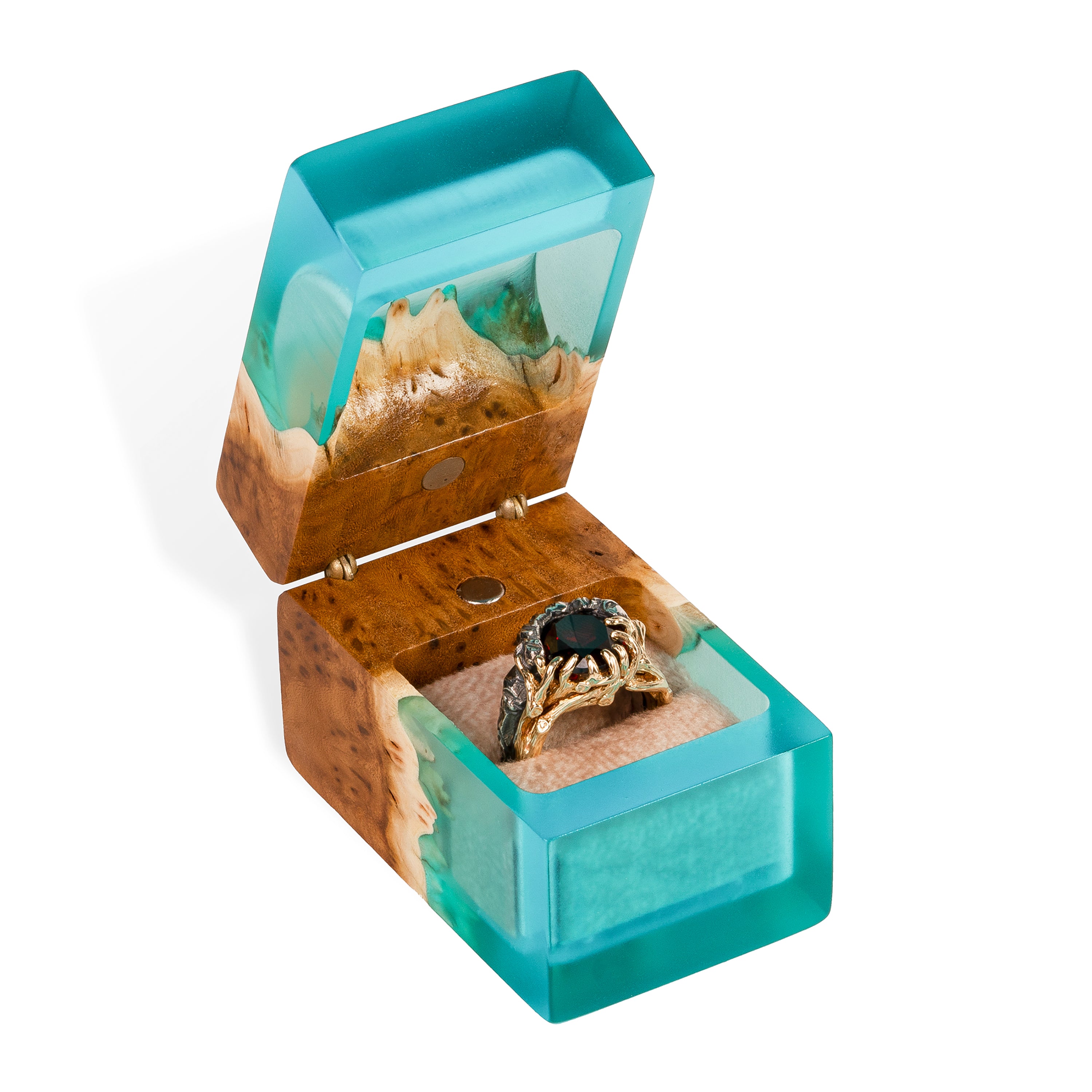 Handcrafted aqua blue epoxy and elm wood proposal ring box showcasing the interior ring holder