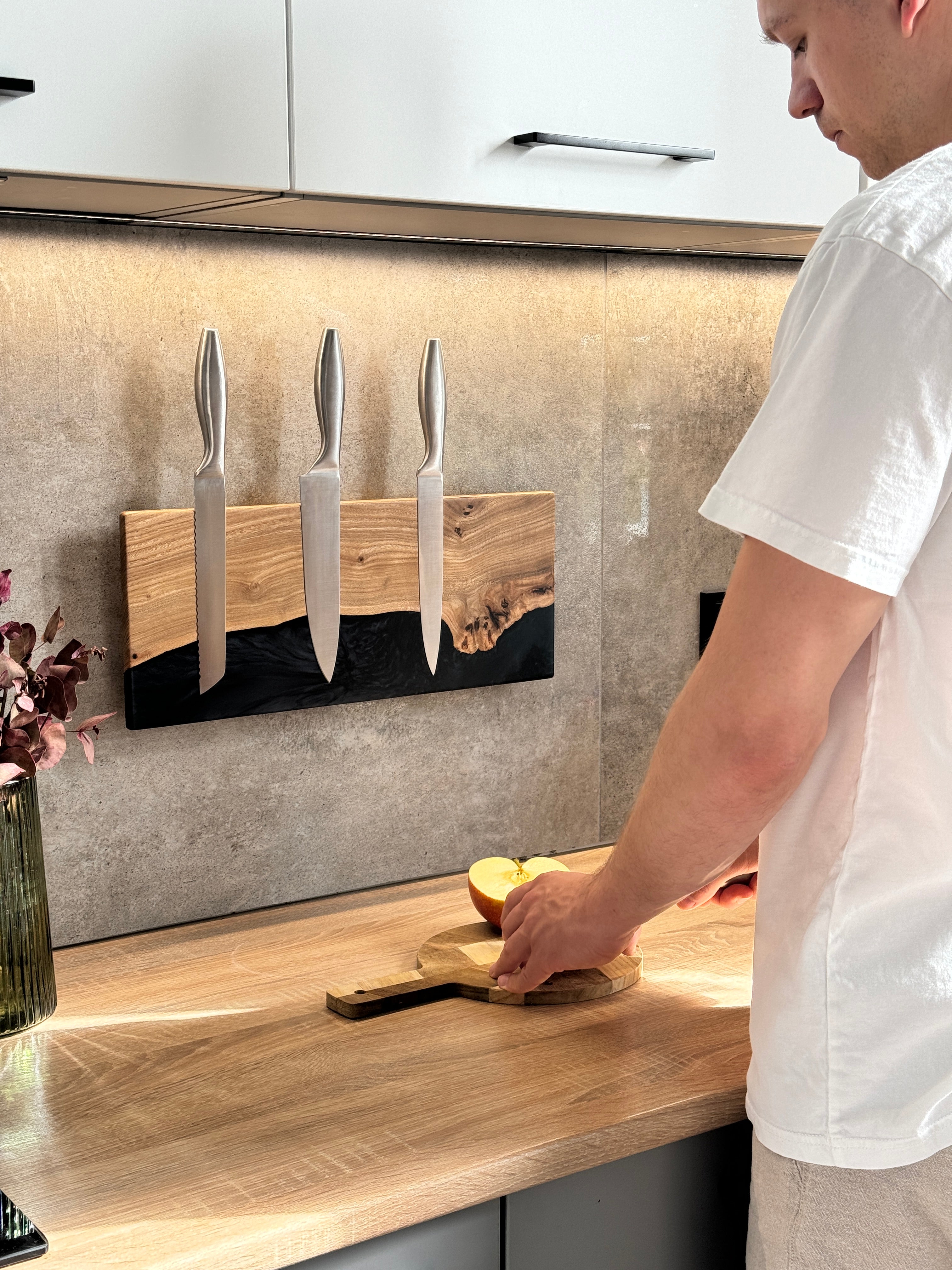 Ocean Art Blue Epoxy & Dark Wood Magnetic Knife Rack – wall-mounted