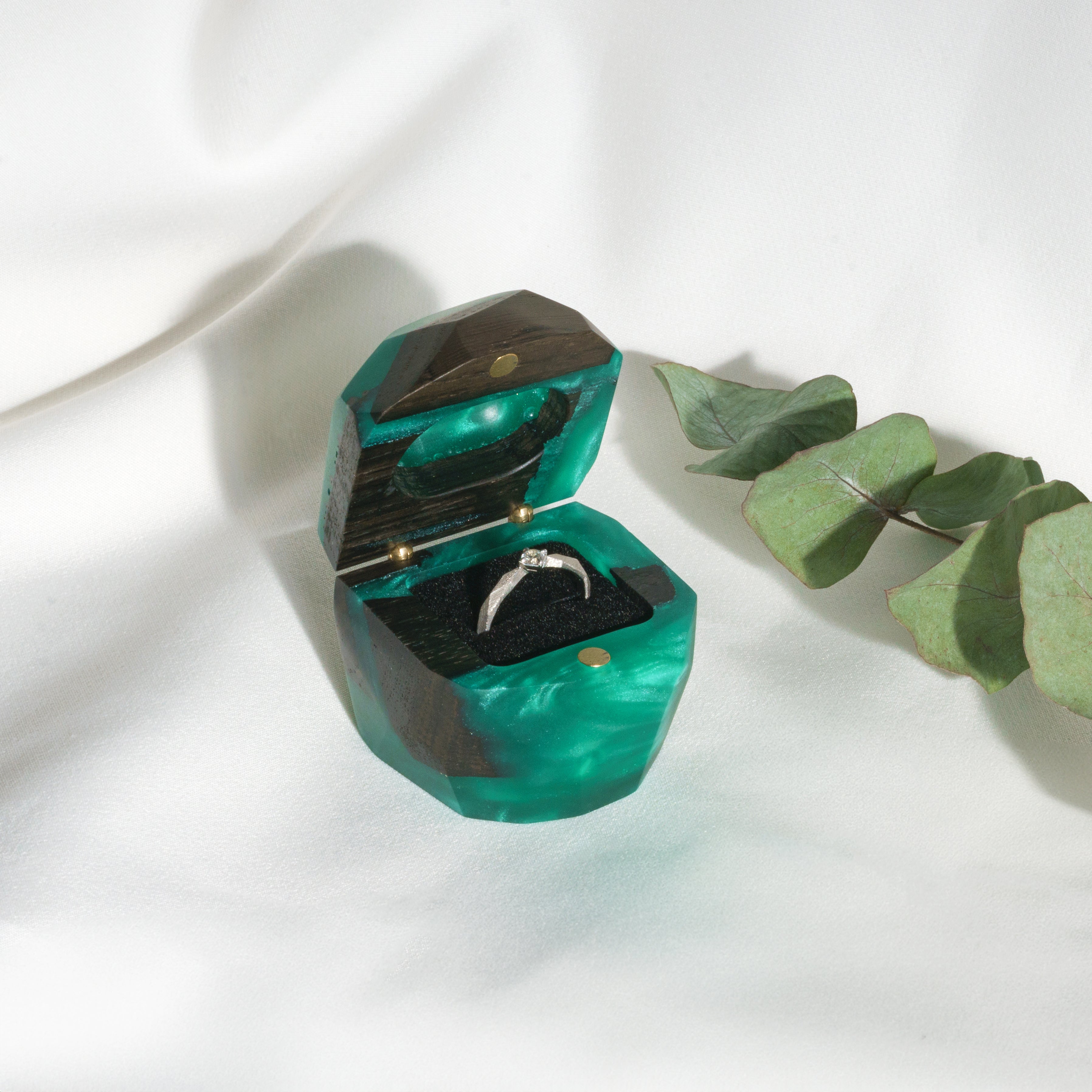 Luxury green epoxy and bog oak wood engagement ring box photographed with eucalyptus leaves