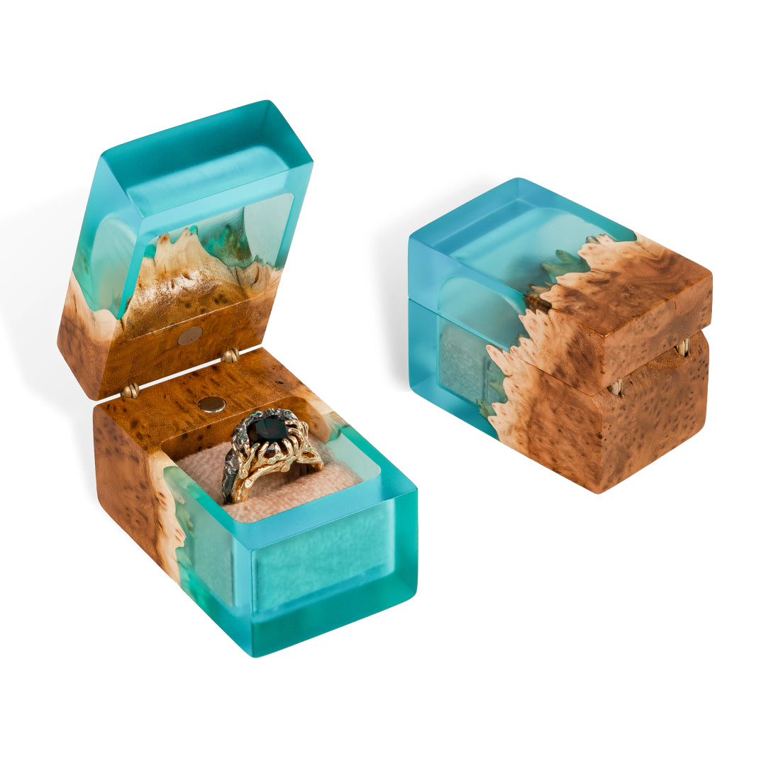 Luxury aqua blue epoxy and elm wood proposal ring box displayed open with matching lid