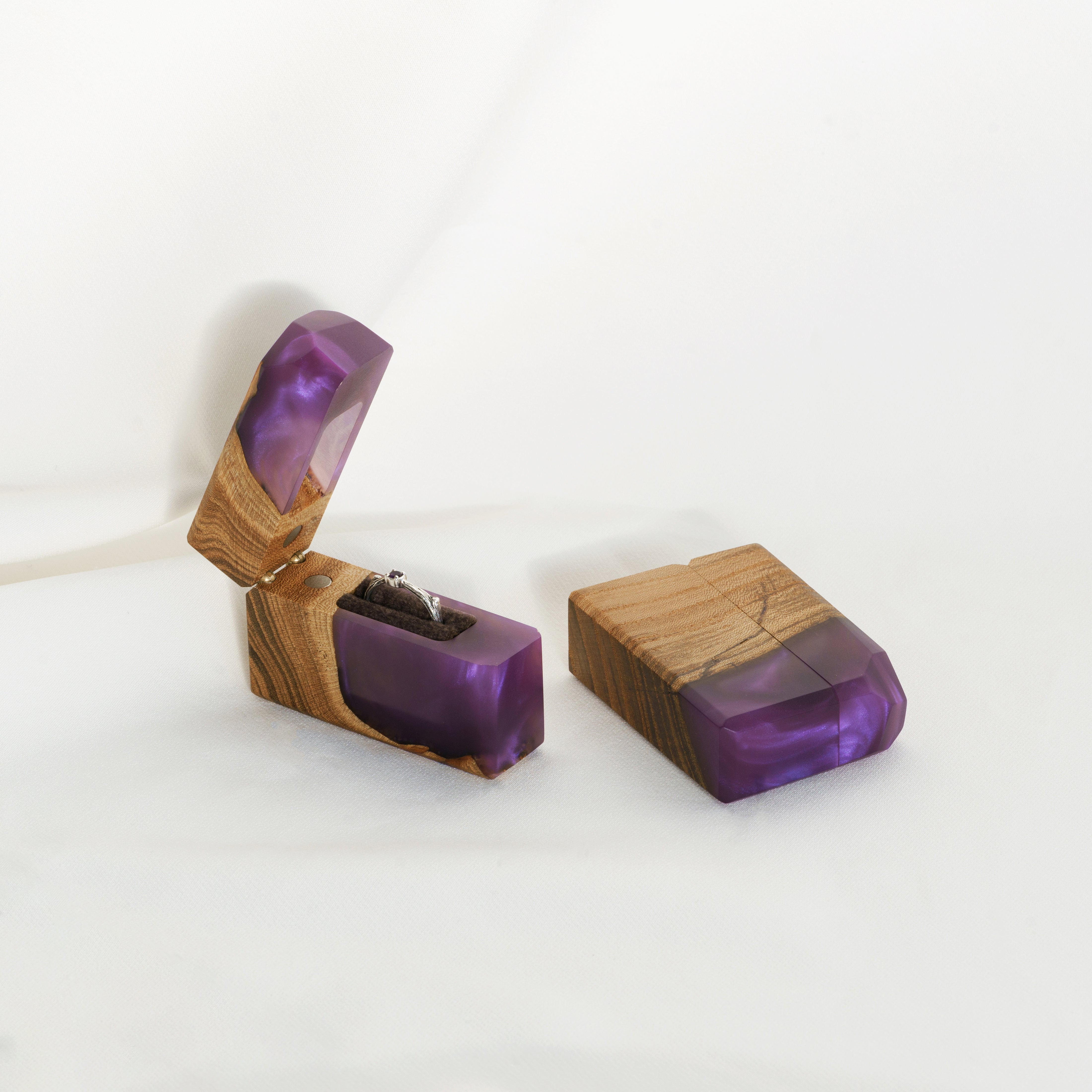 Luxury purple epoxy and elm wood proposal ring box displayed open with the matching closed lid