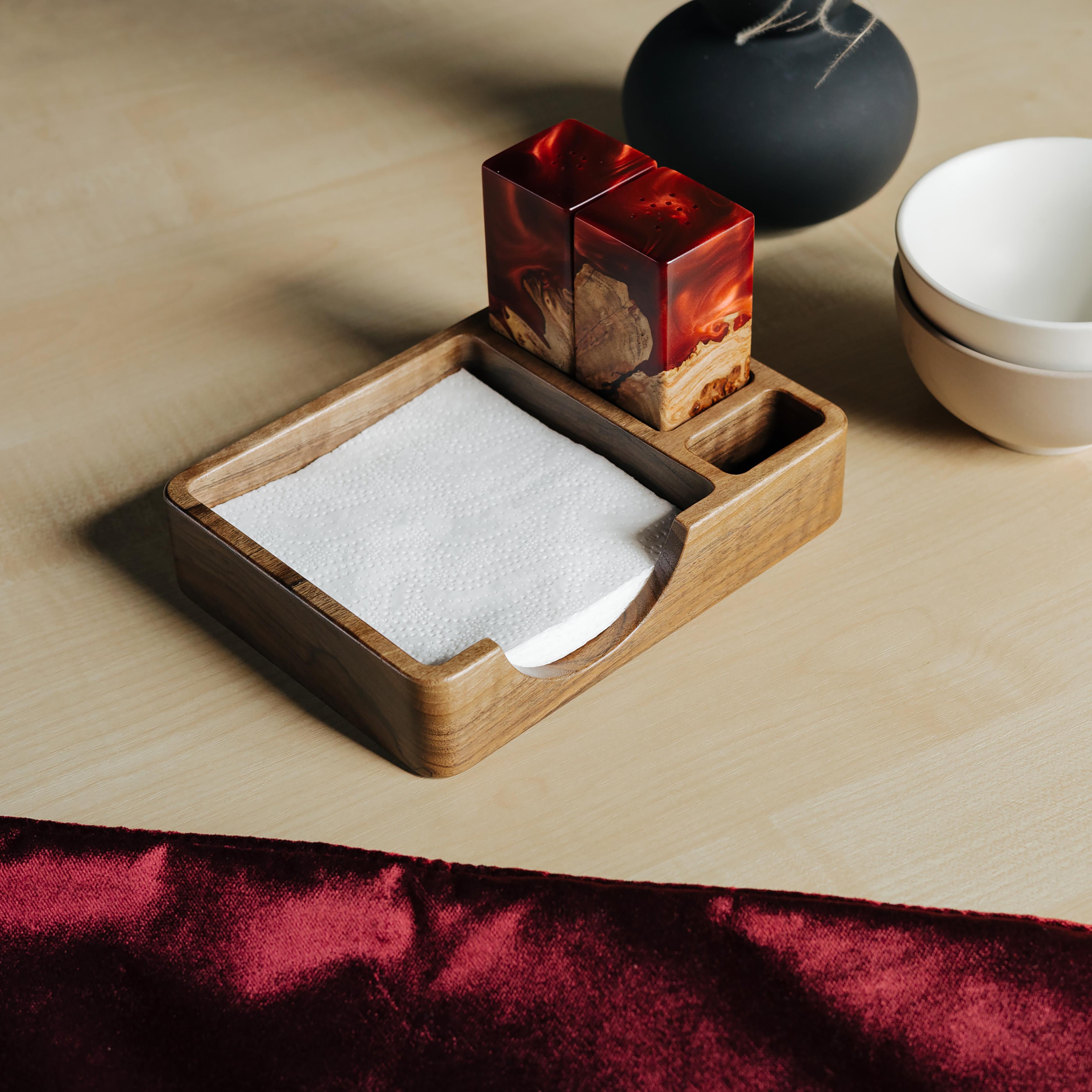 Wood & Resin Salt and Pepper Shaker Caddy Set – Elm Ruby