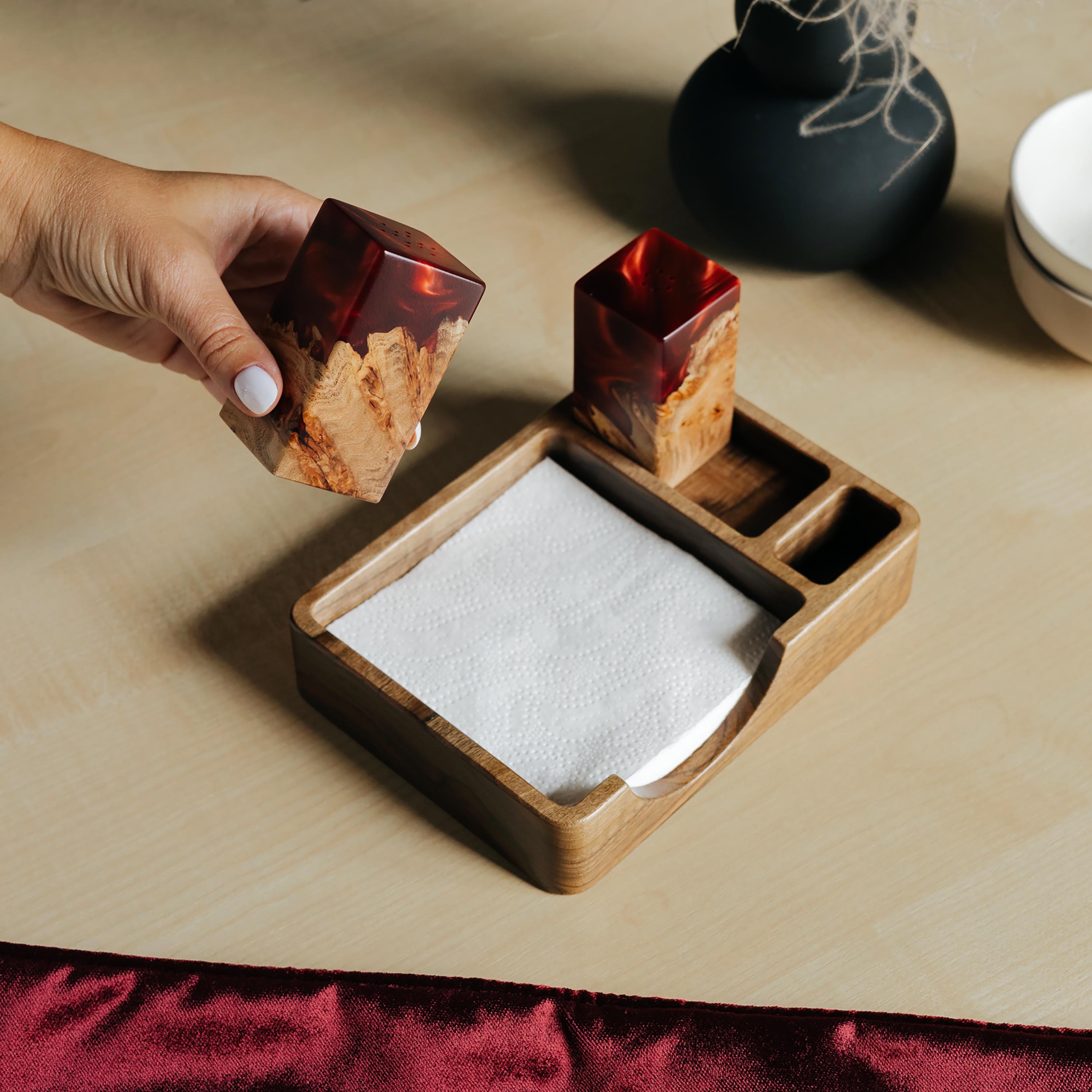 Wood & Resin Salt and Pepper Shaker Caddy Set – Elm Ruby