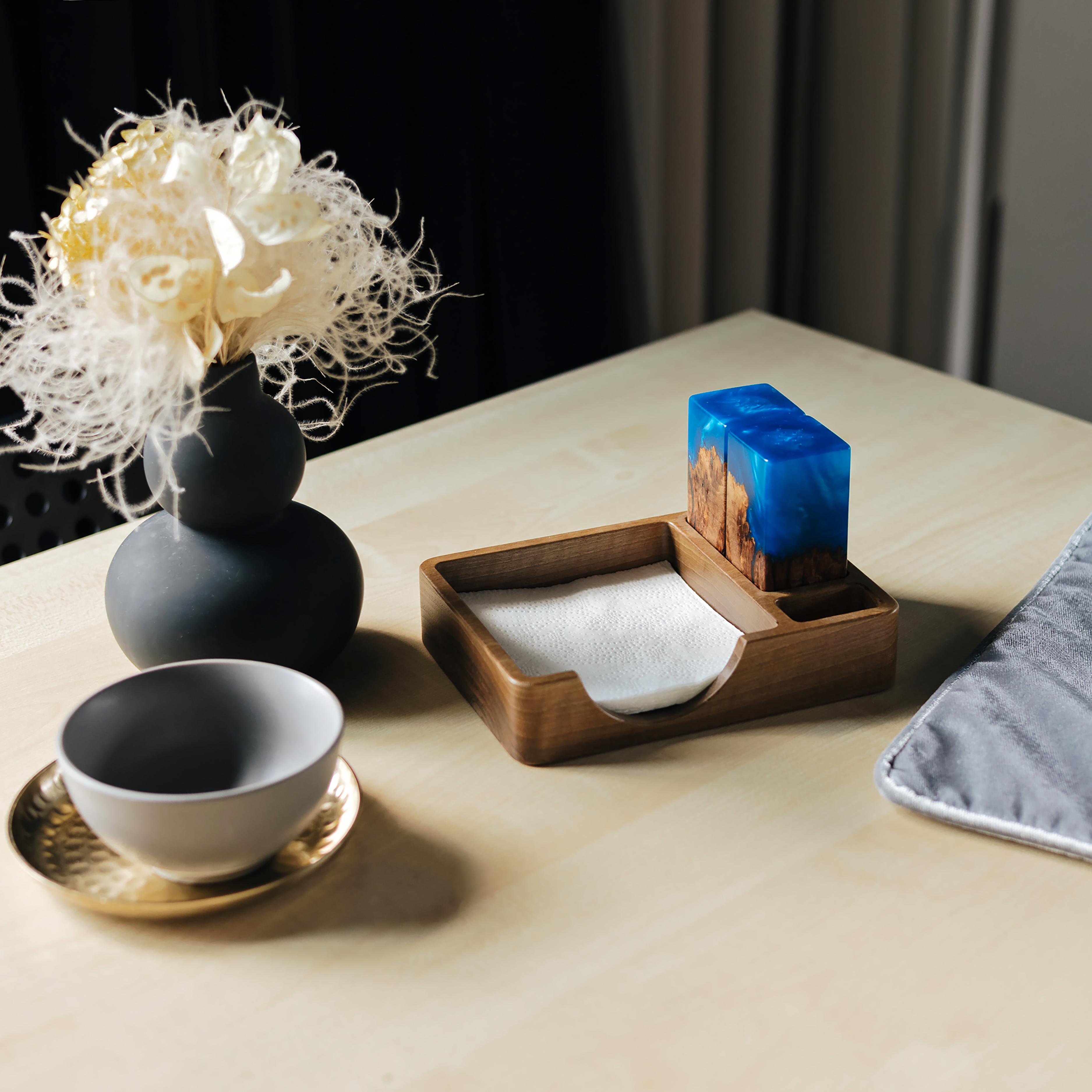 Wood & Resin Salt and Pepper Shaker Caddy Set – Elm Blue