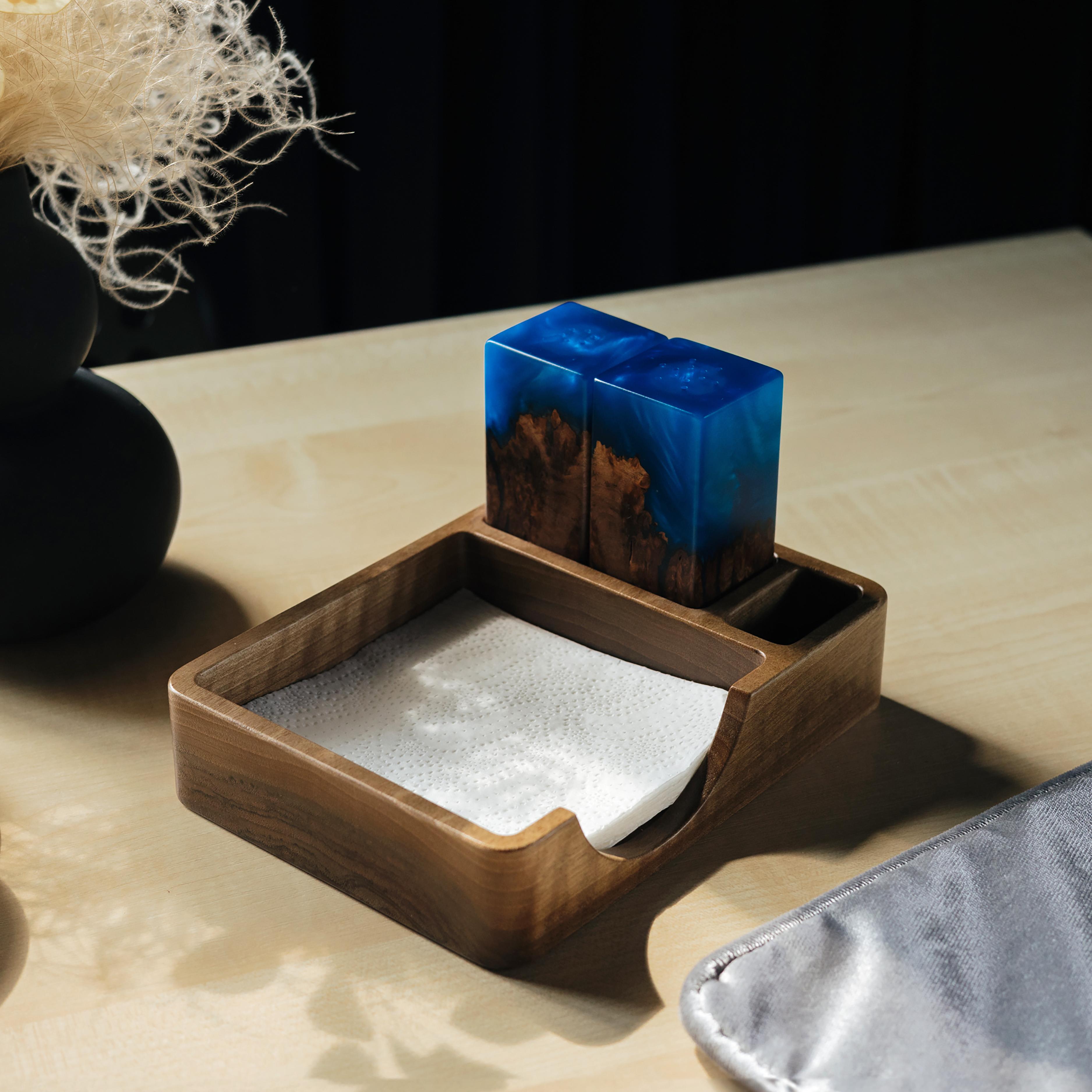 Wood & Resin Salt and Pepper Shaker Caddy Set – Elm Blue