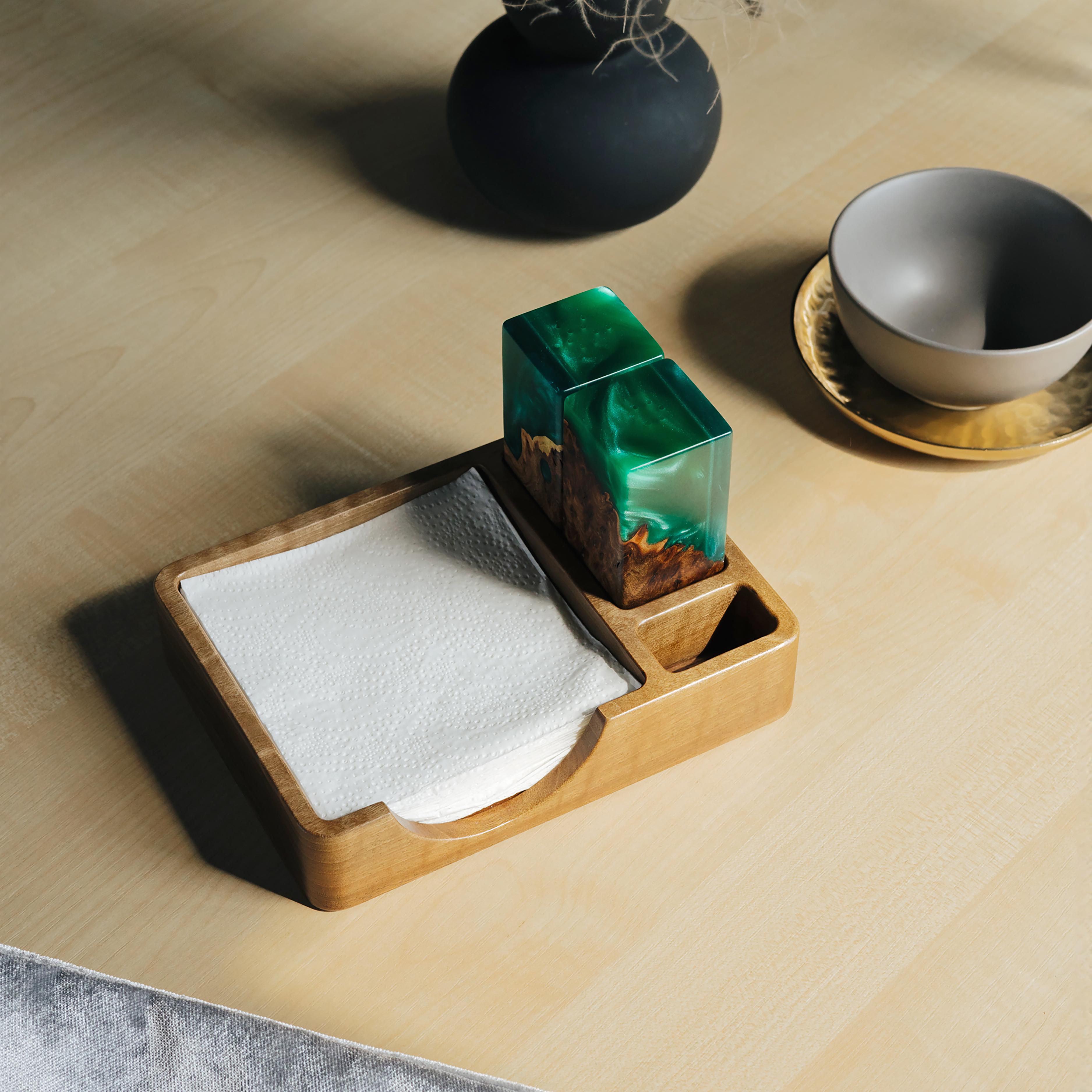 Wood & Resin Salt and Pepper Shaker Caddy Set – Elm Green