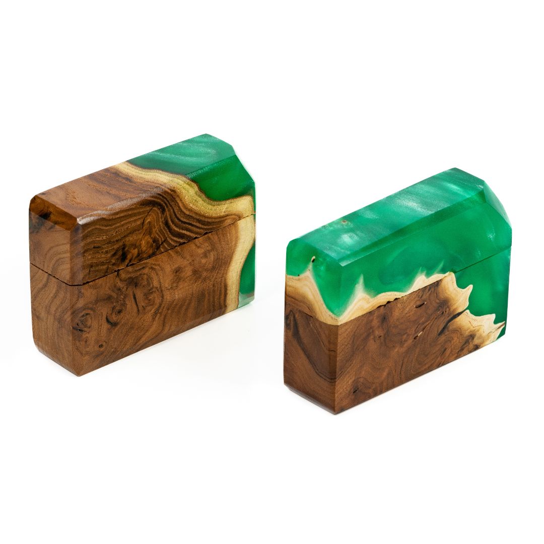 Pair of green epoxy and elm wood proposal ring boxes displayed side by side
