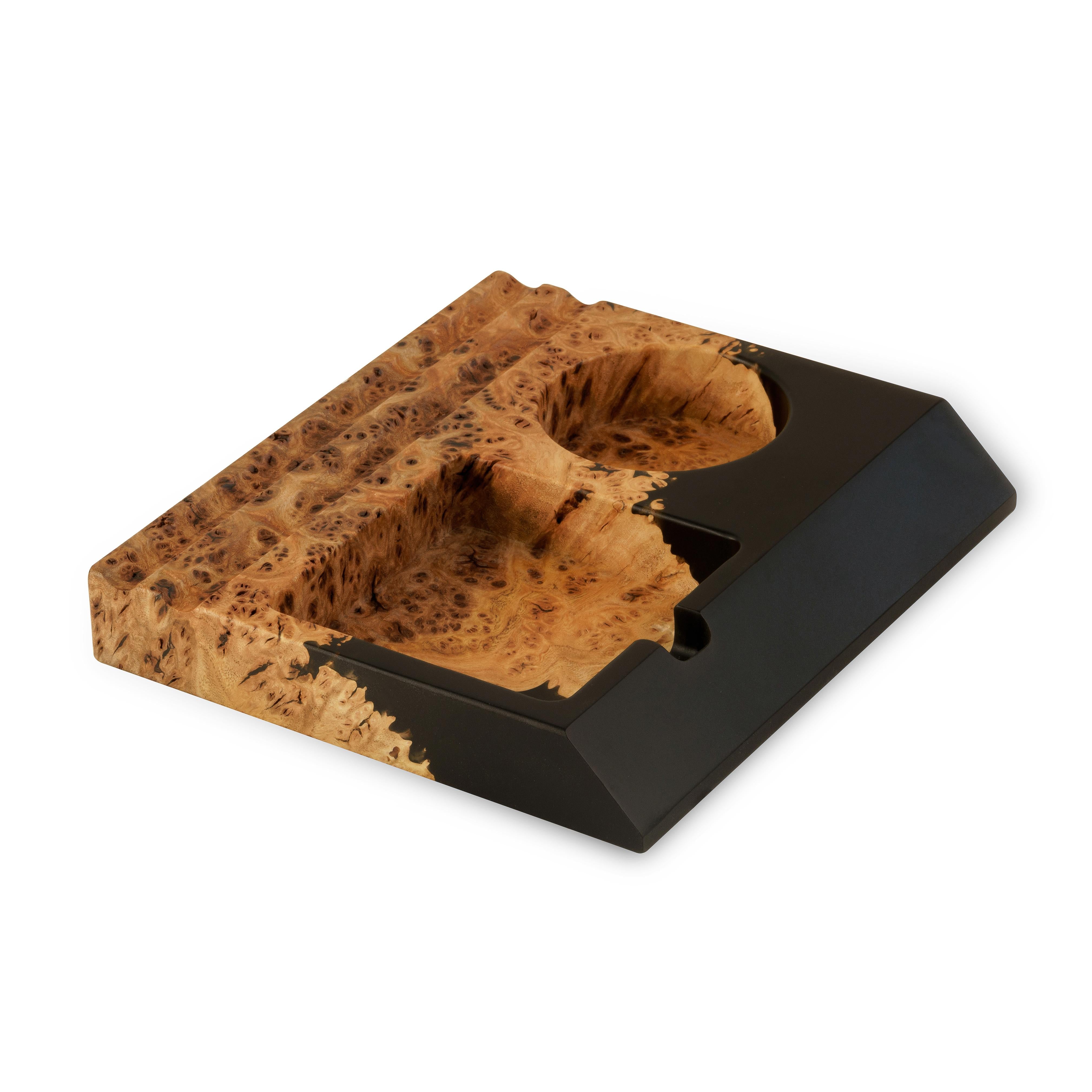 Stylish office desk organizer made from elm wood and black epoxy with integrated phone stand