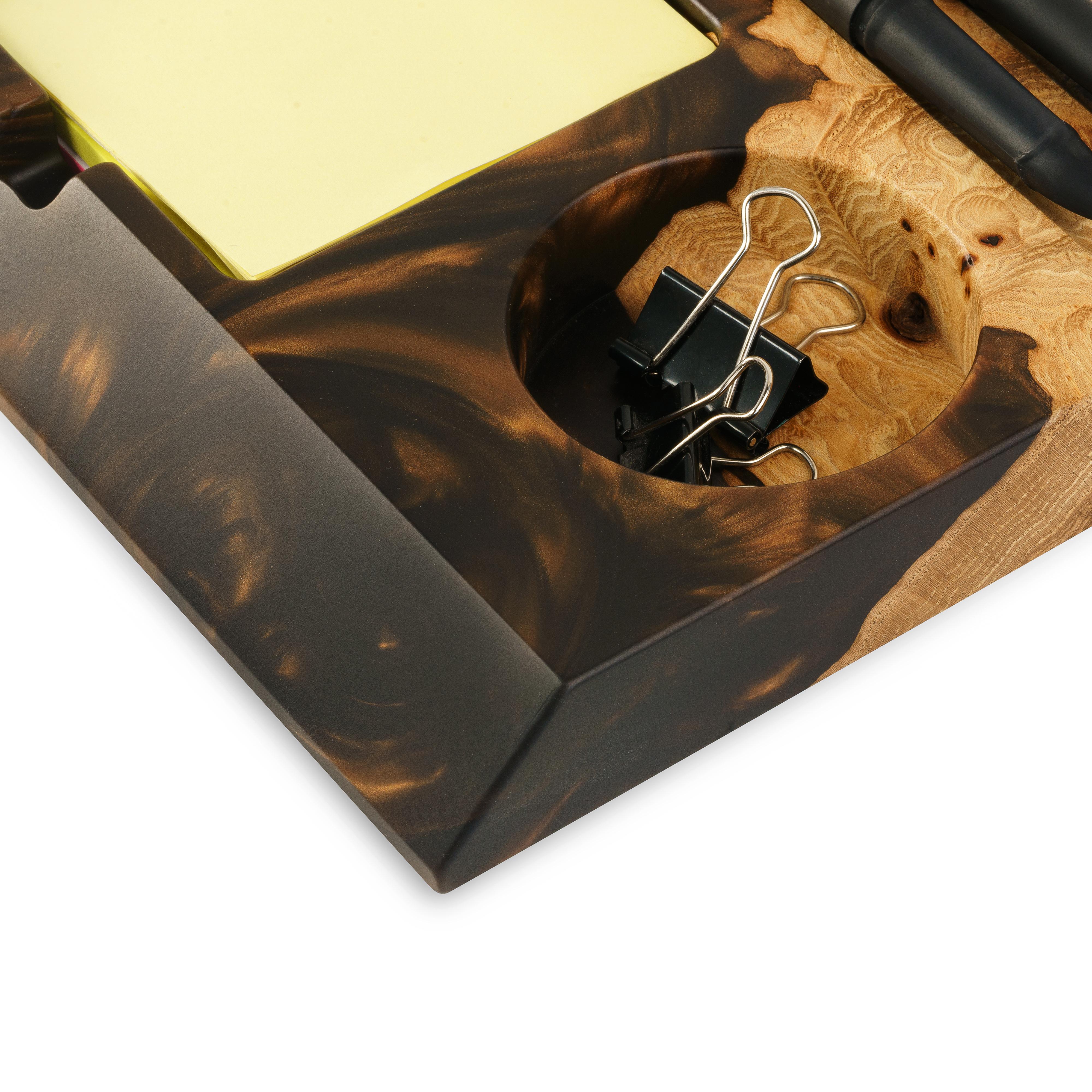 Stylish office desk organizer made from elm wood and black epoxy with integrated phone stand