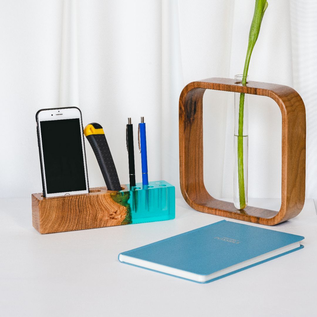 Office desk organizer with phone stand and pen holder handcrafted from elm wood and aqua blue epoxy resin