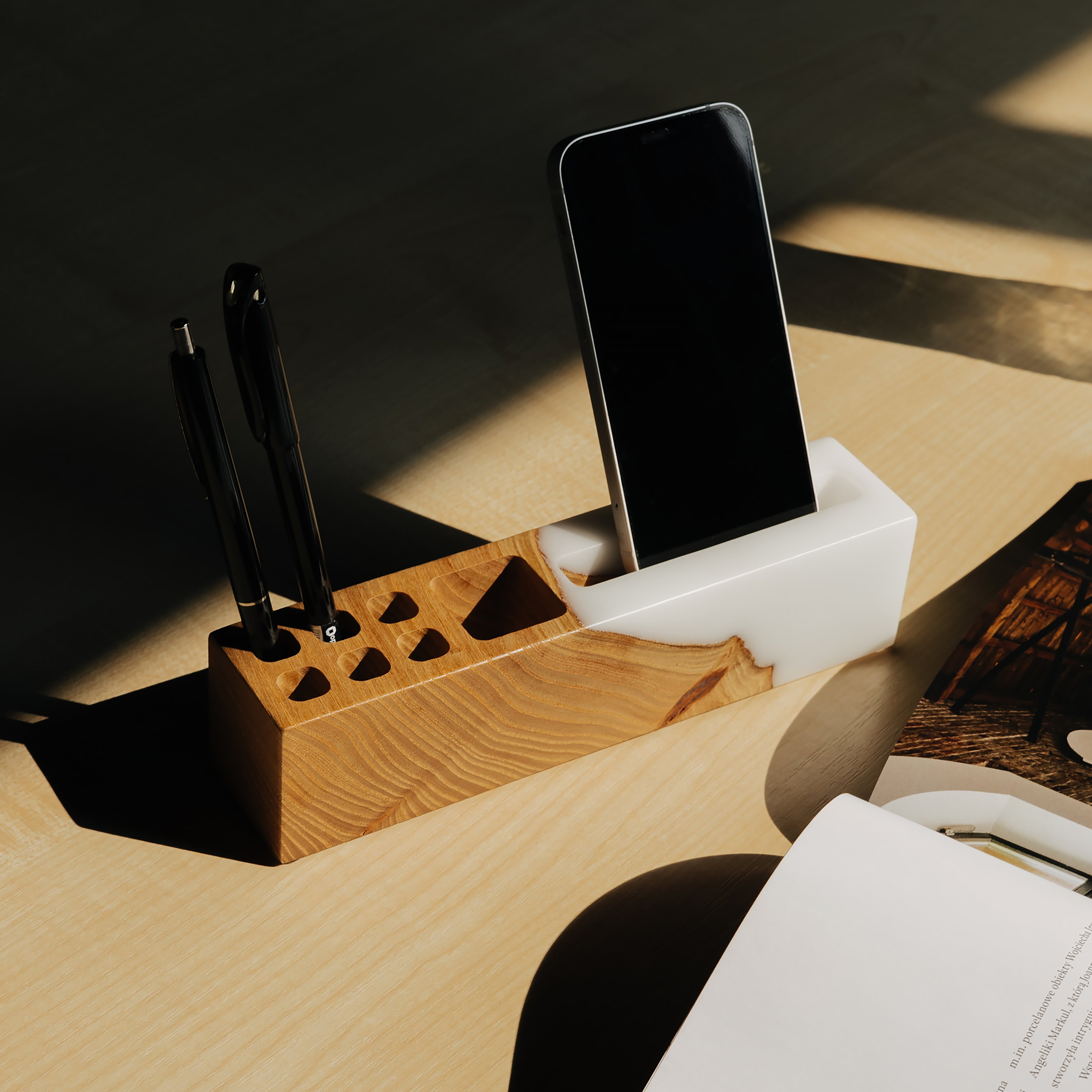 Office desk organizer with phone stand and pen holder handcrafted from elm wood and white epoxy resin