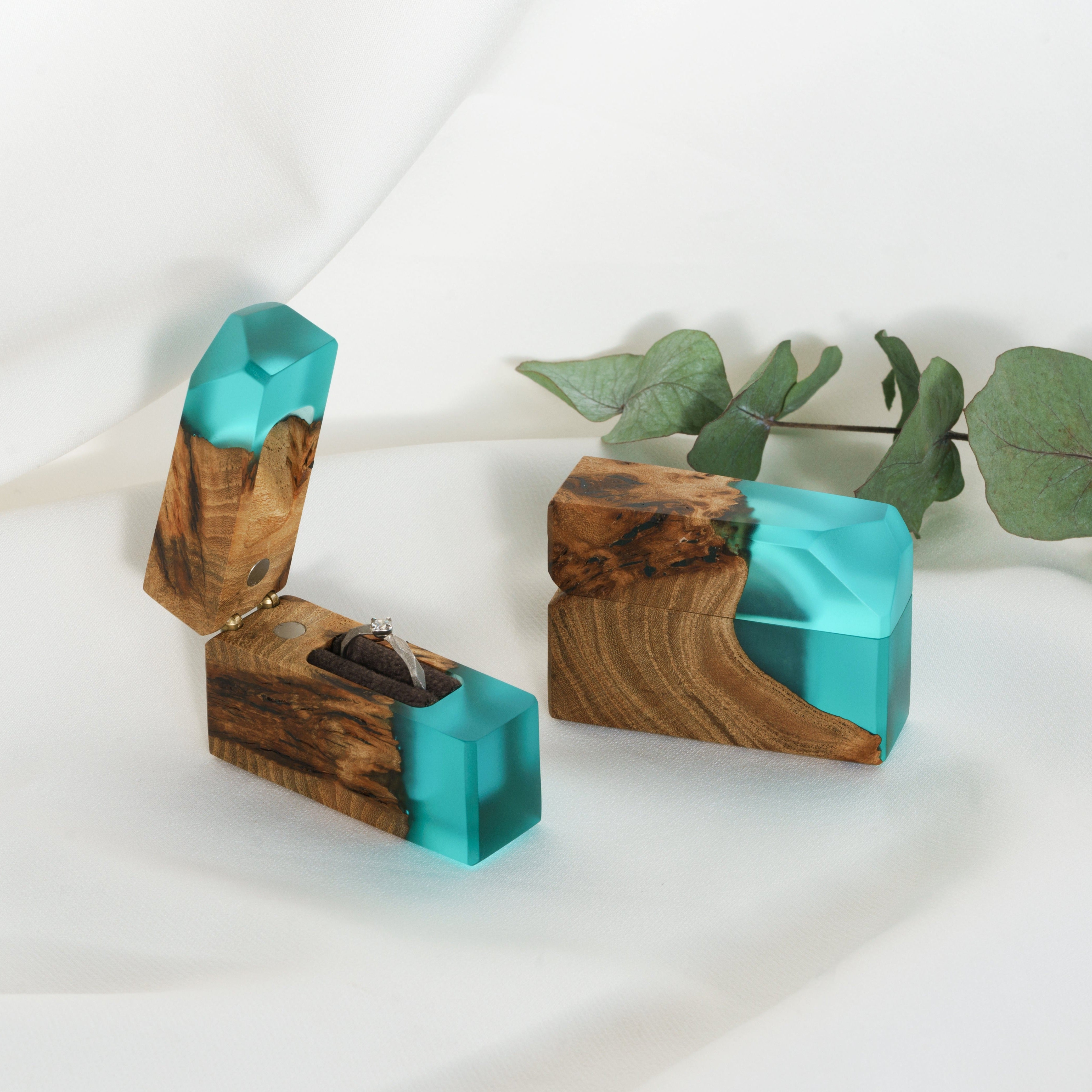 Open engagement ring box handcrafted from aqua blue epoxy and maple wood with matching lid, FLASH design