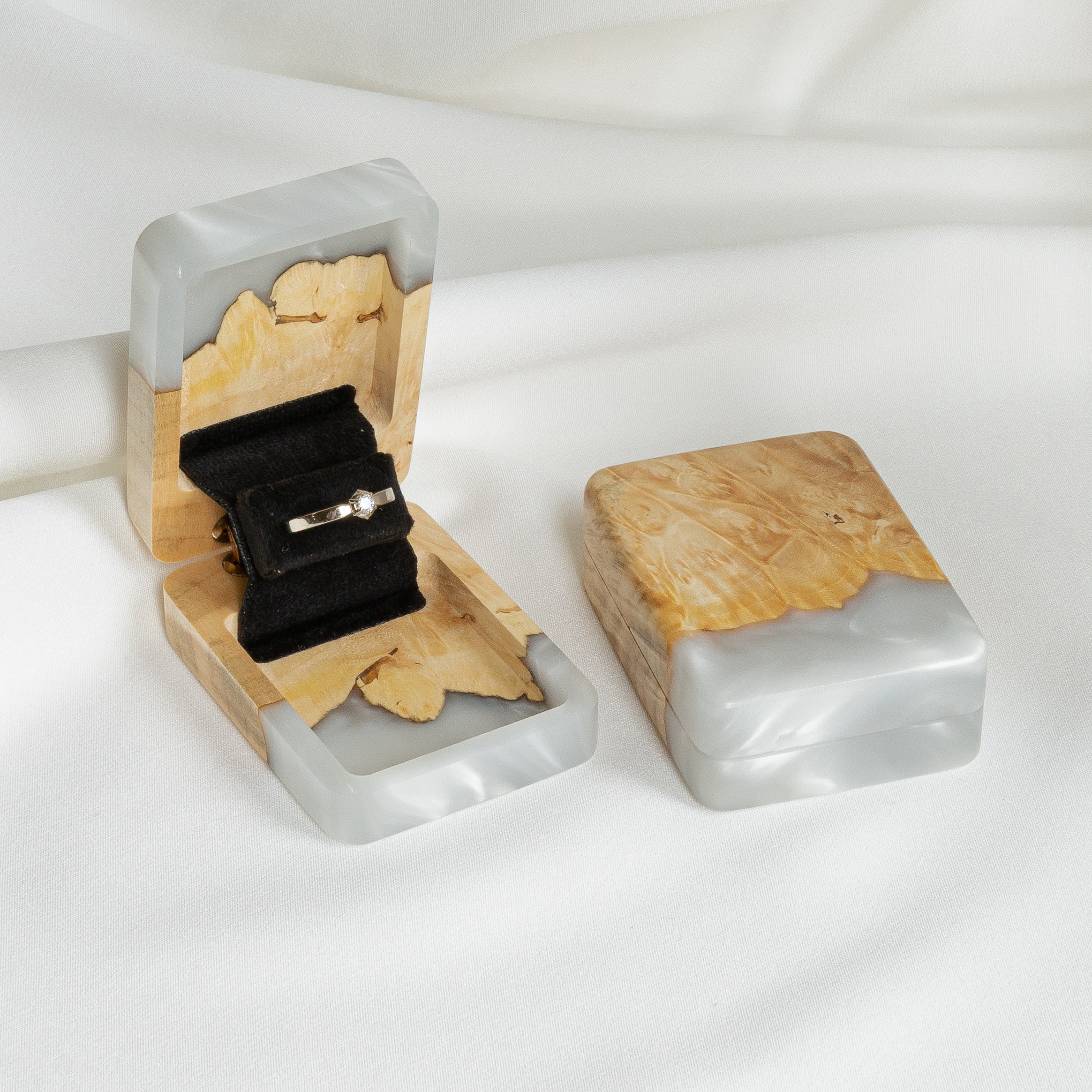 Open engagement ring box handcrafted from platinum epoxy and maple wood with matching lid, FLIP design