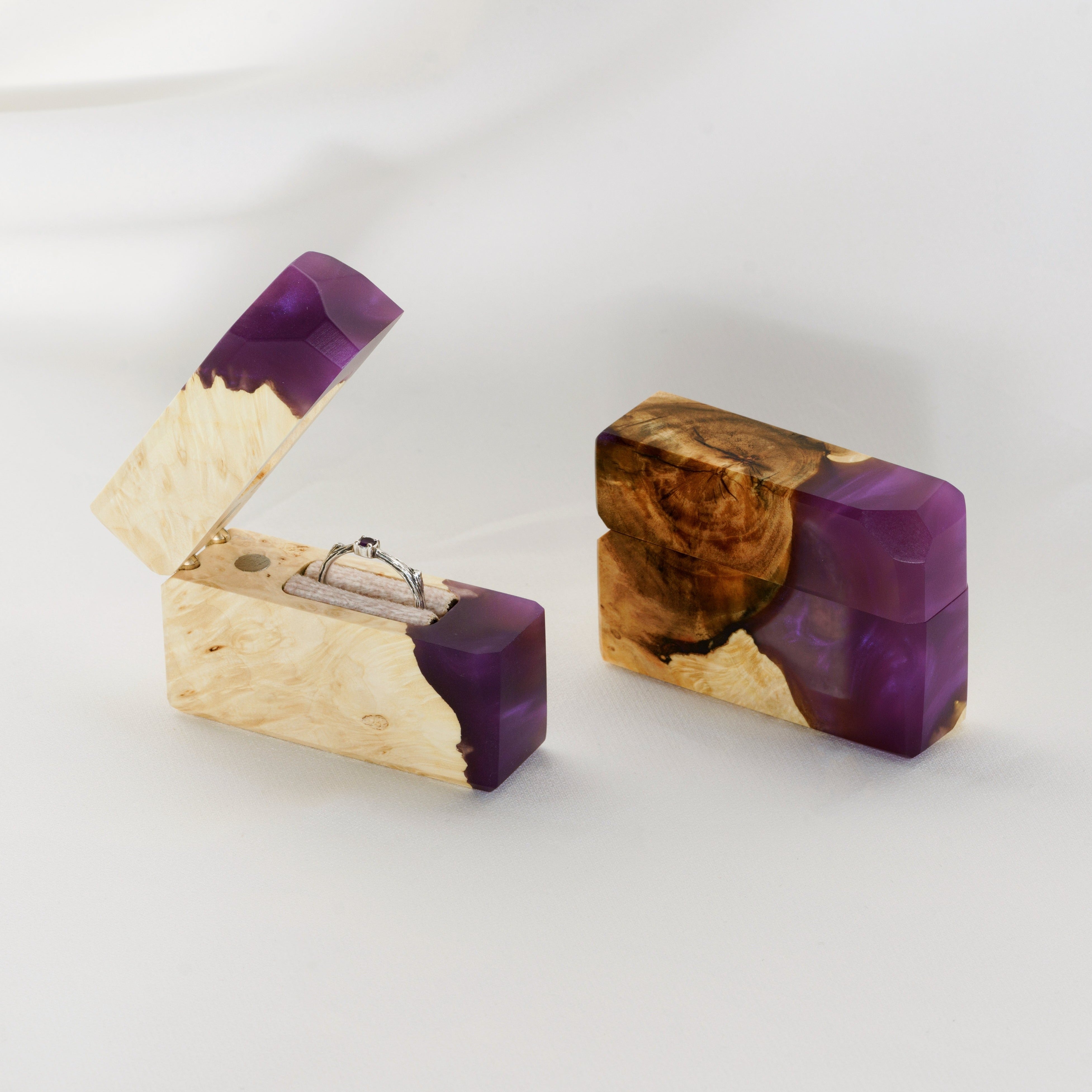 Open engagement ring box handcrafted from purple epoxy and maple wood with matching lid, FLASH design