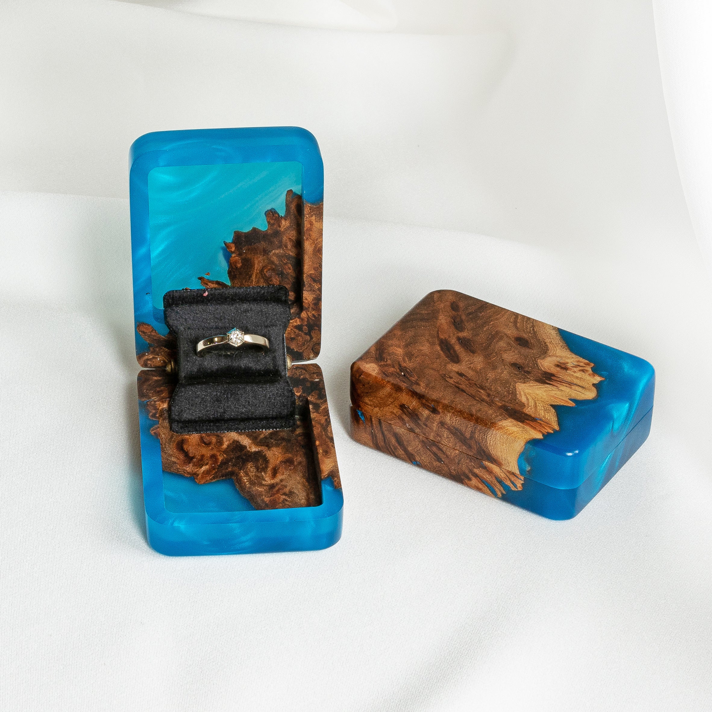 Open proposal ring box handcrafted from blue epoxy and elm wood with black ring holder, FLIP design