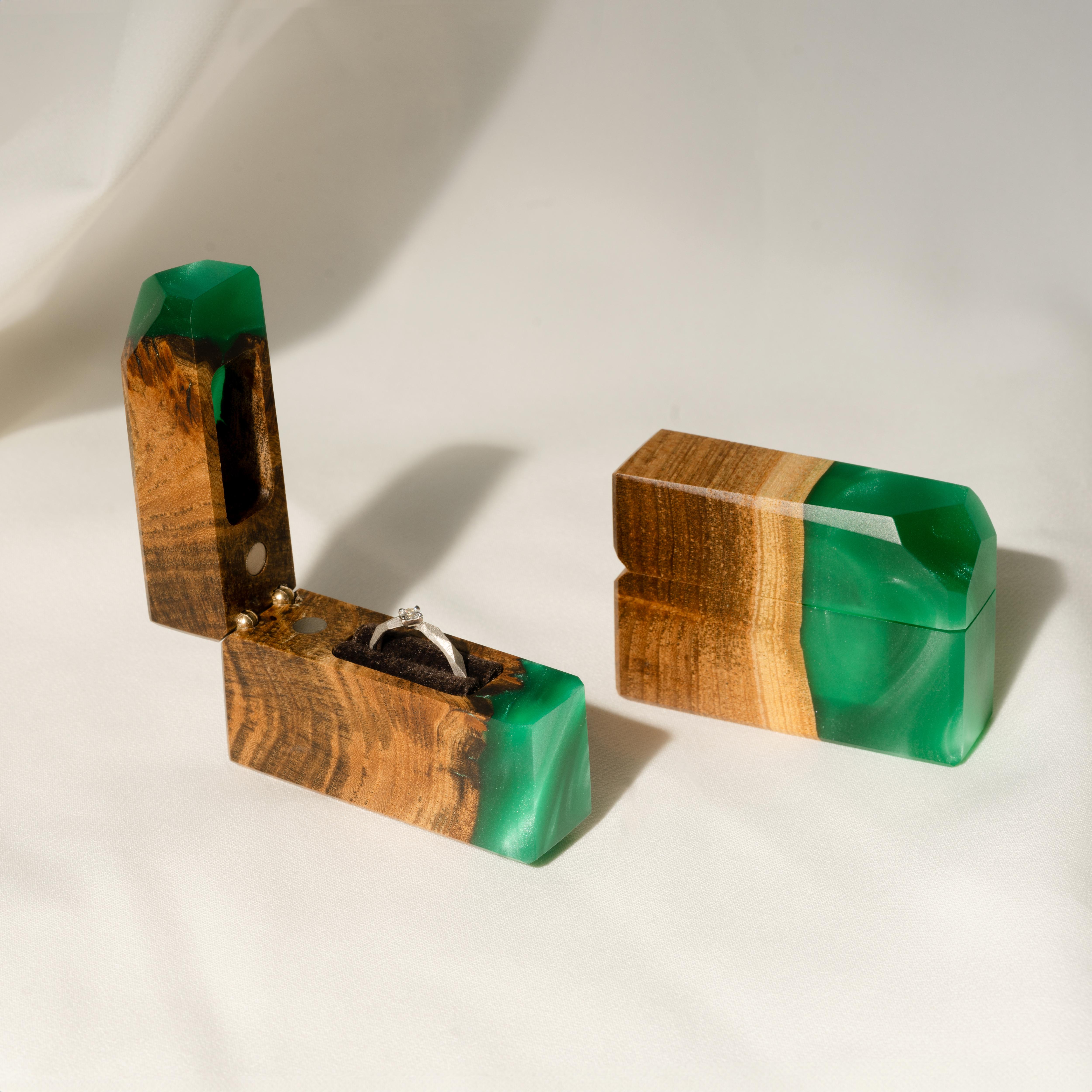 Open proposal ring box handcrafted from green epoxy and elm wood with matching lid, FLASH design