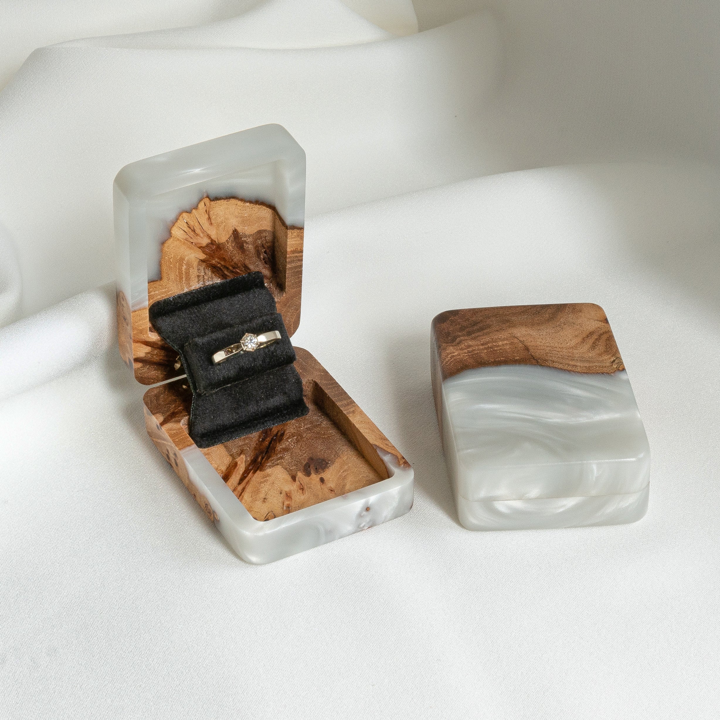 Open proposal ring box handcrafted from platinum epoxy and elm wood with matching lid, FLIP design