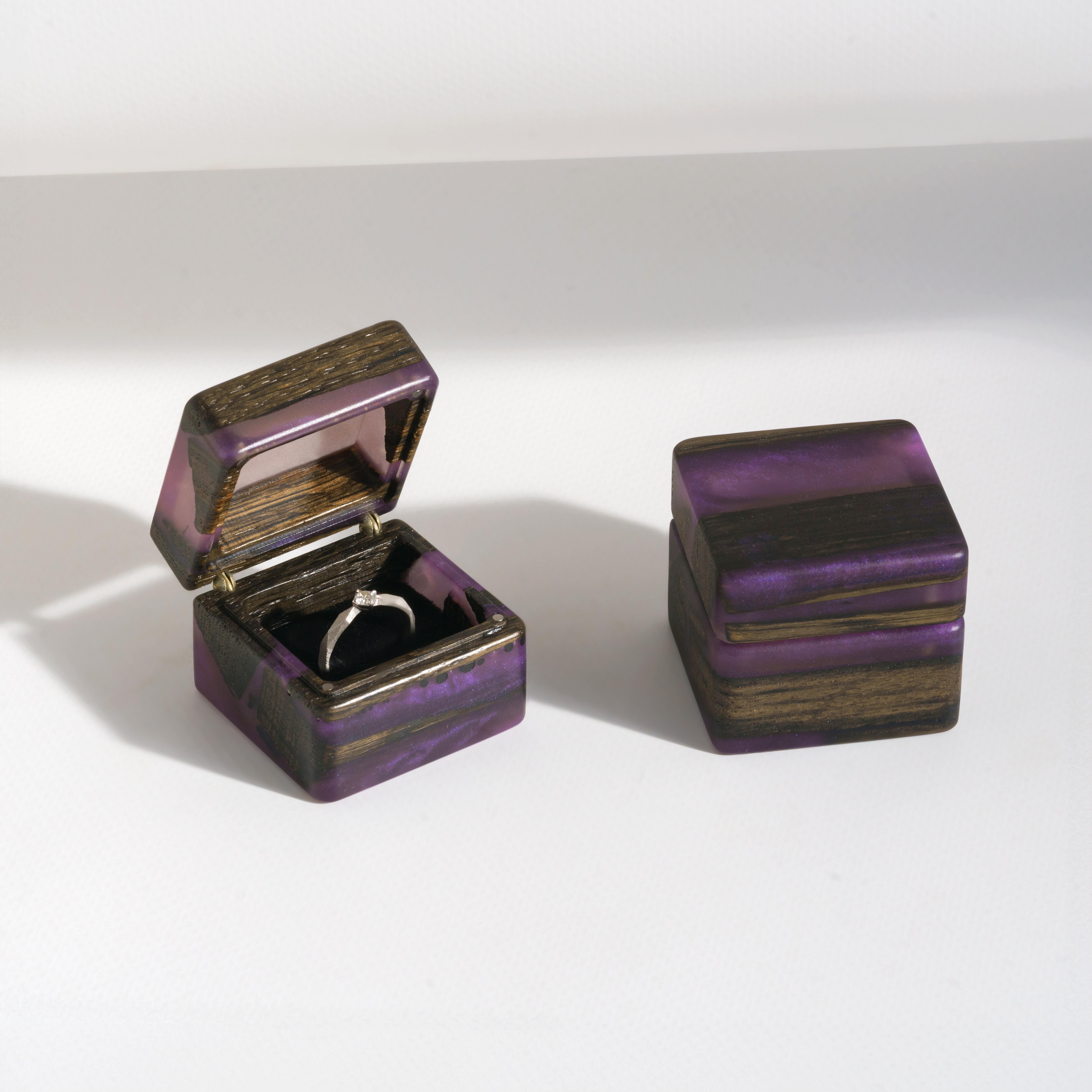 Open and closed proposal ring box crafted from purple epoxy and bog oak wood, MUSE design