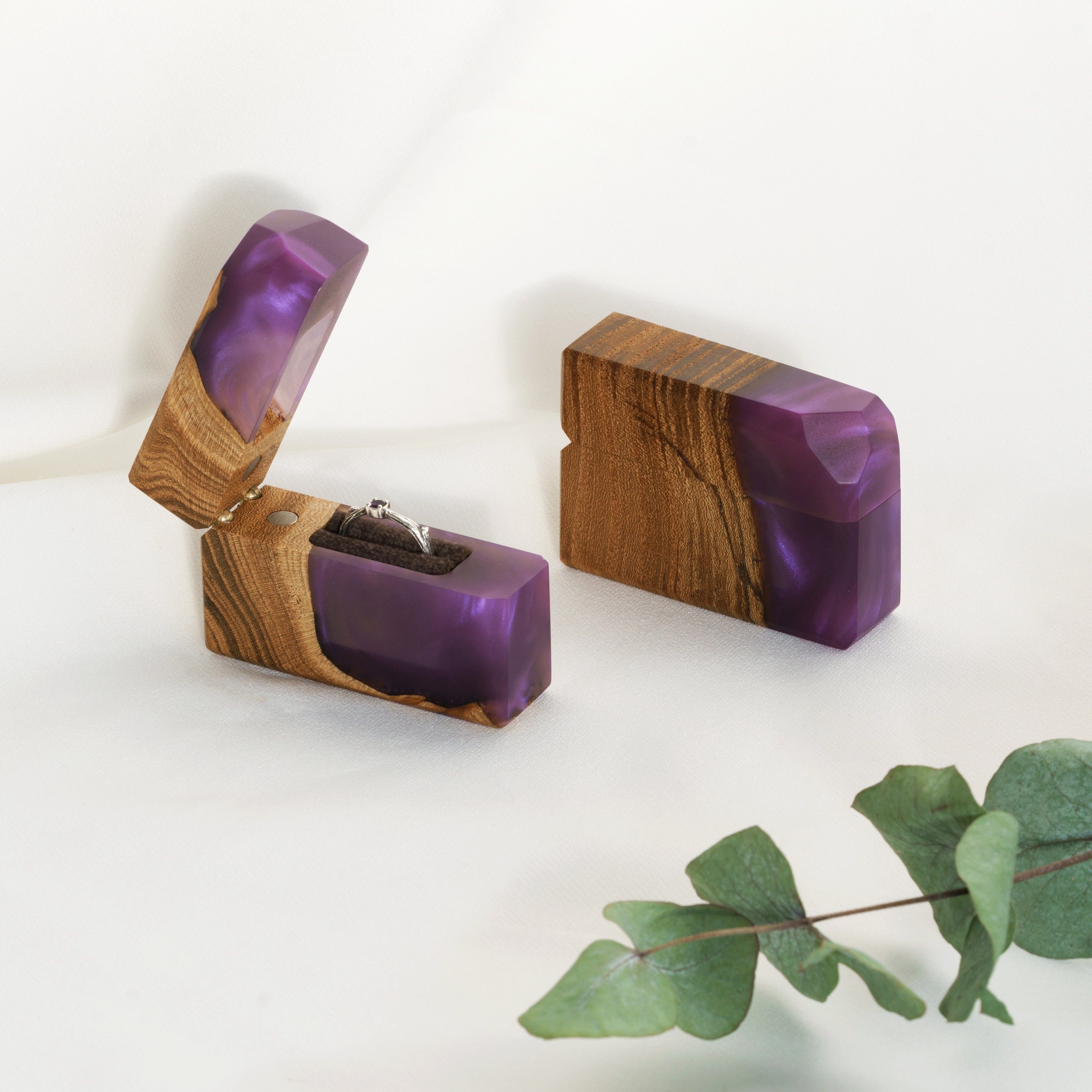Open proposal ring box handcrafted from purple epoxy and elm wood with matching lid, FLASH design