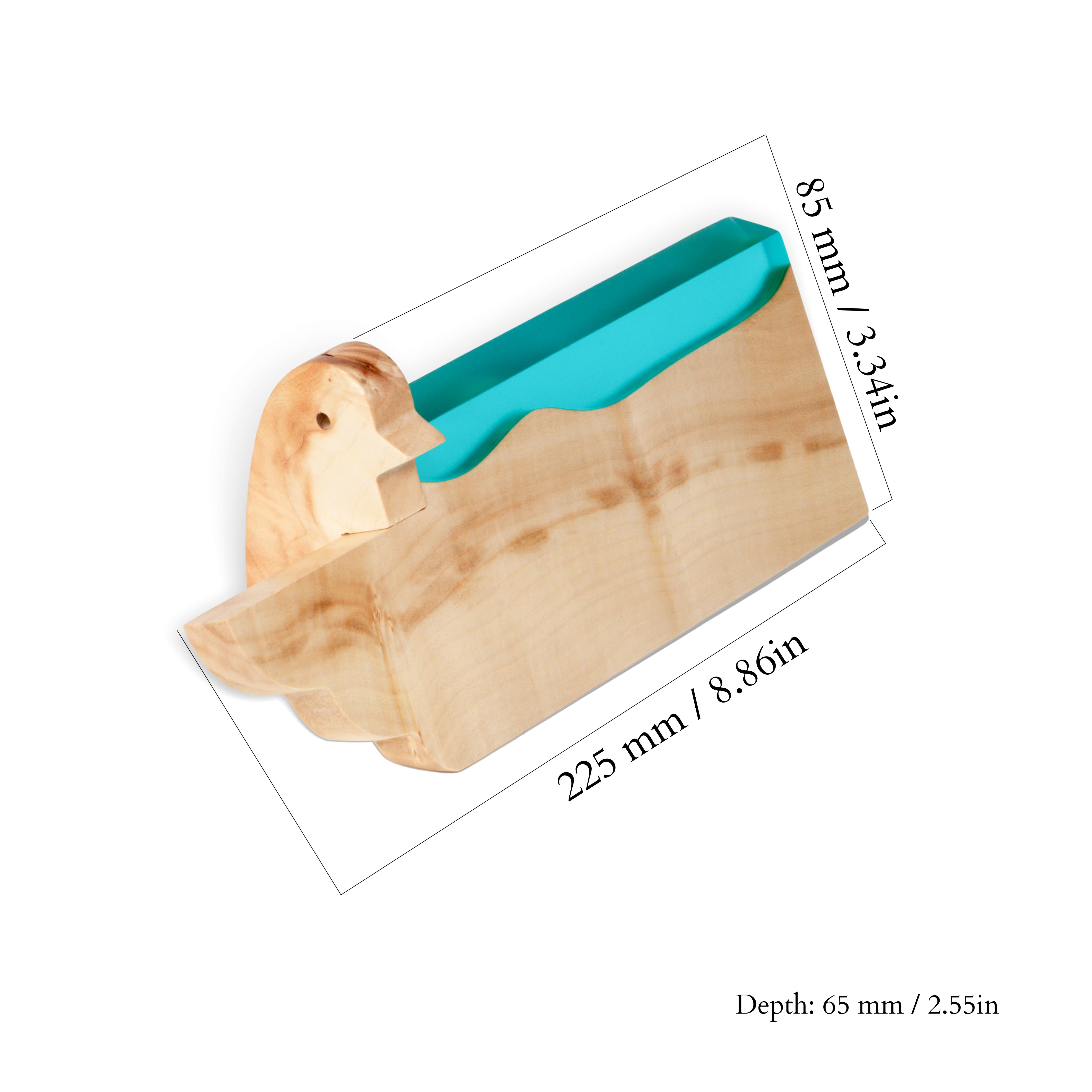 Dimensions of the personalized BIRDY desk name plate handcrafted from maple wood and aqua blue epoxy resin, measuring 225 × 85 × 65 mm (8.86 × 3.34 × 2.55 in).