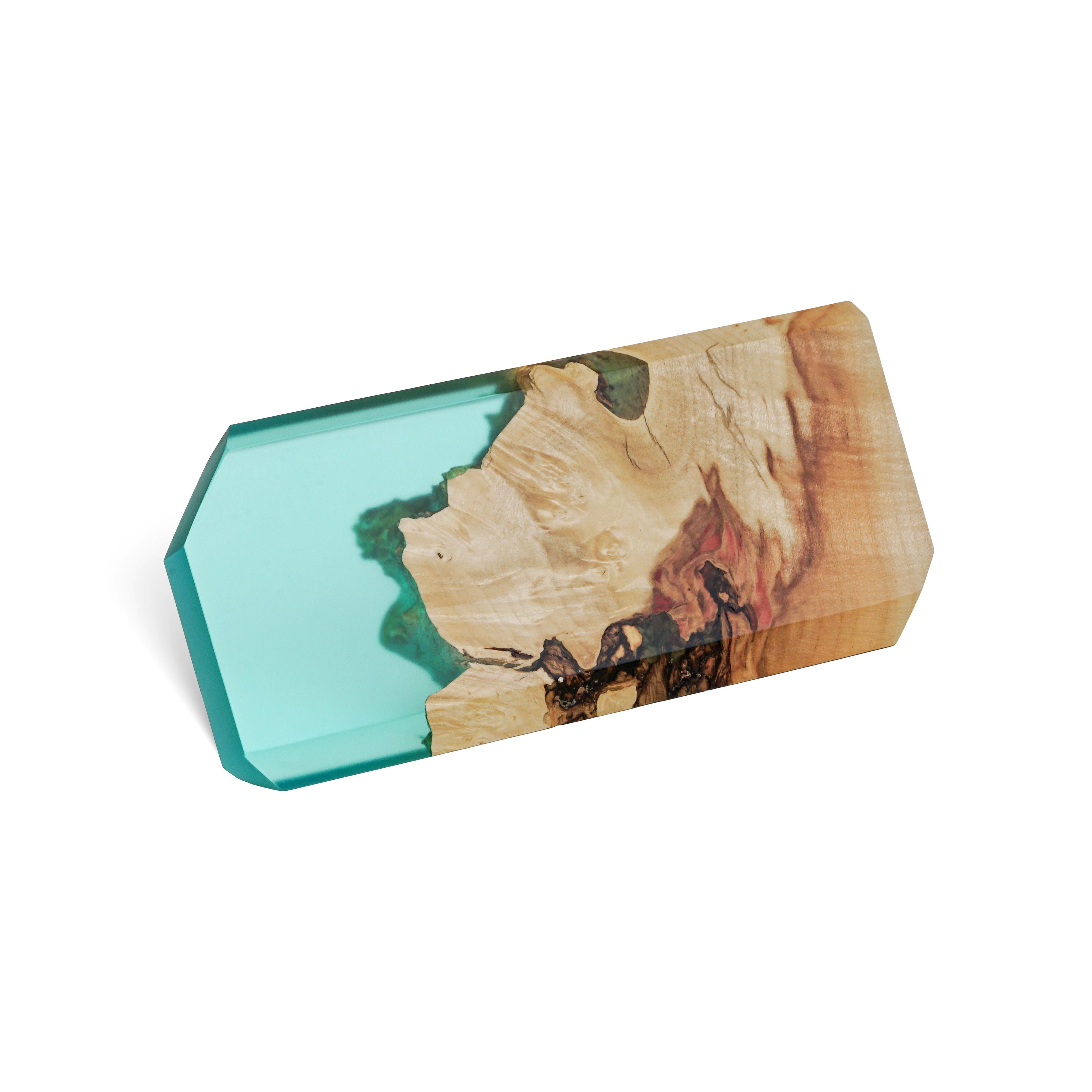 Close-up of the personalized MODERN desk name plate made from maple wood and aqua blue epoxy resin
