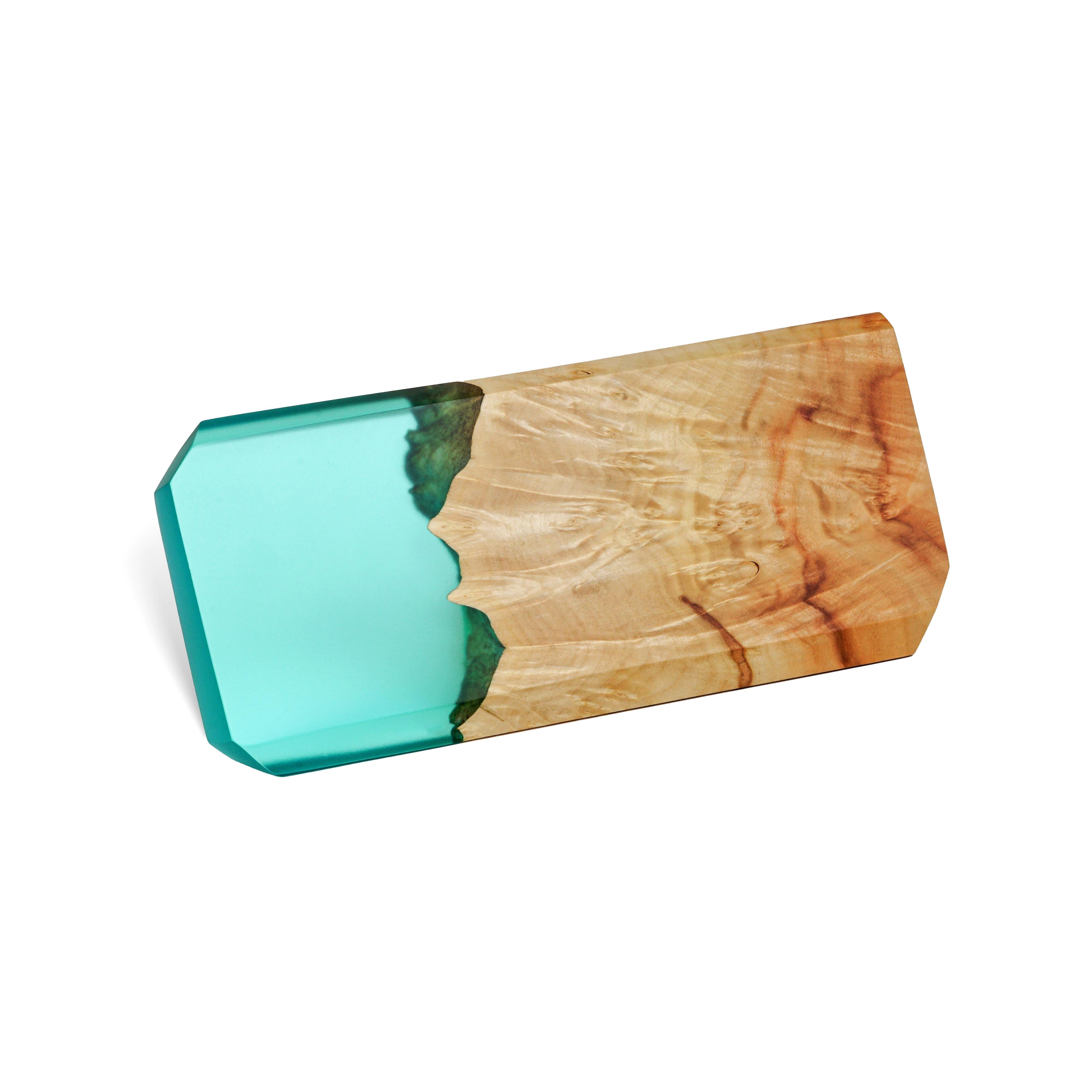 Perspective view of the personalized MODERN desk name plate handcrafted from maple wood and aqua blue epoxy resin