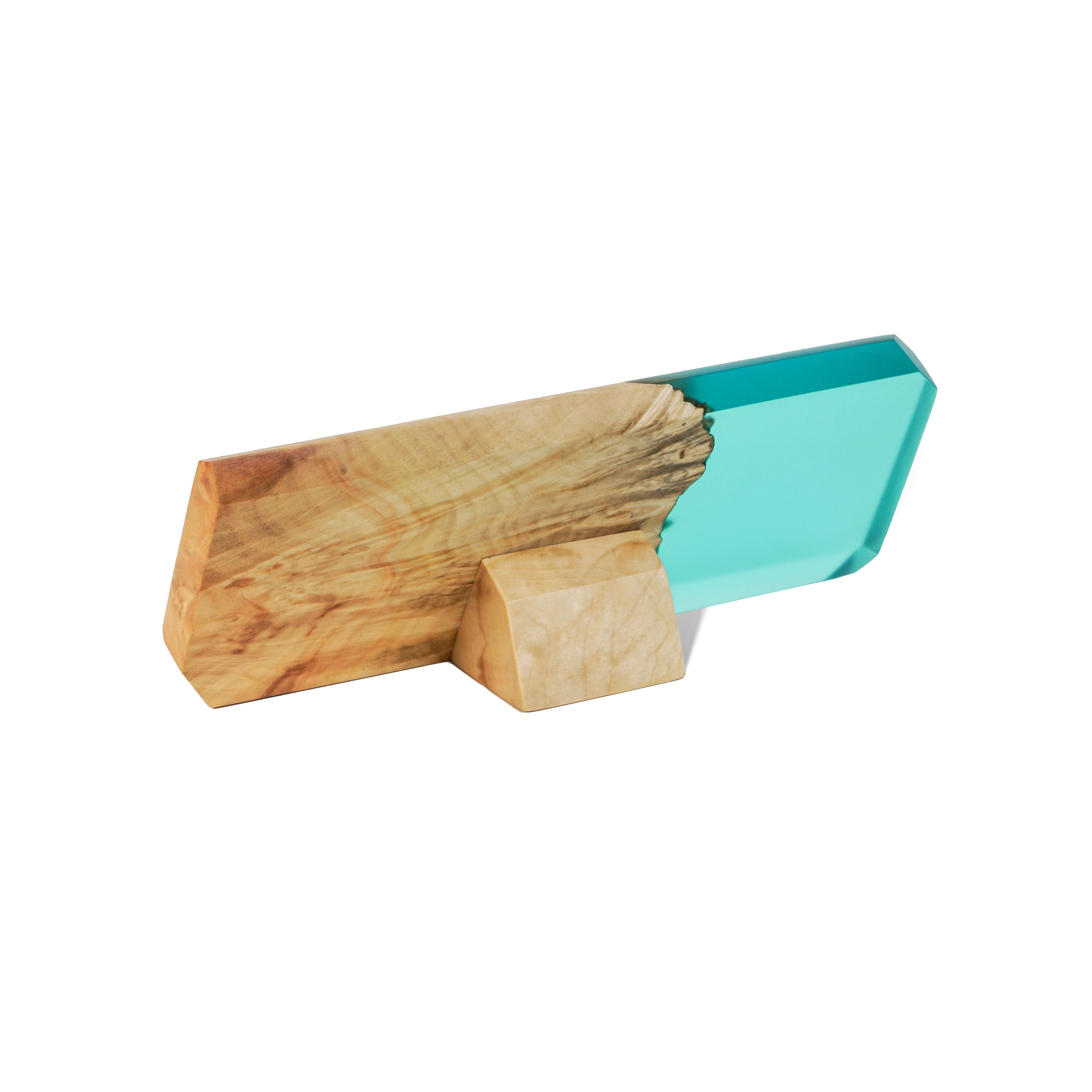 Rear view of the personalized MODERN desk name plate handcrafted from maple wood and aqua blue epoxy resin