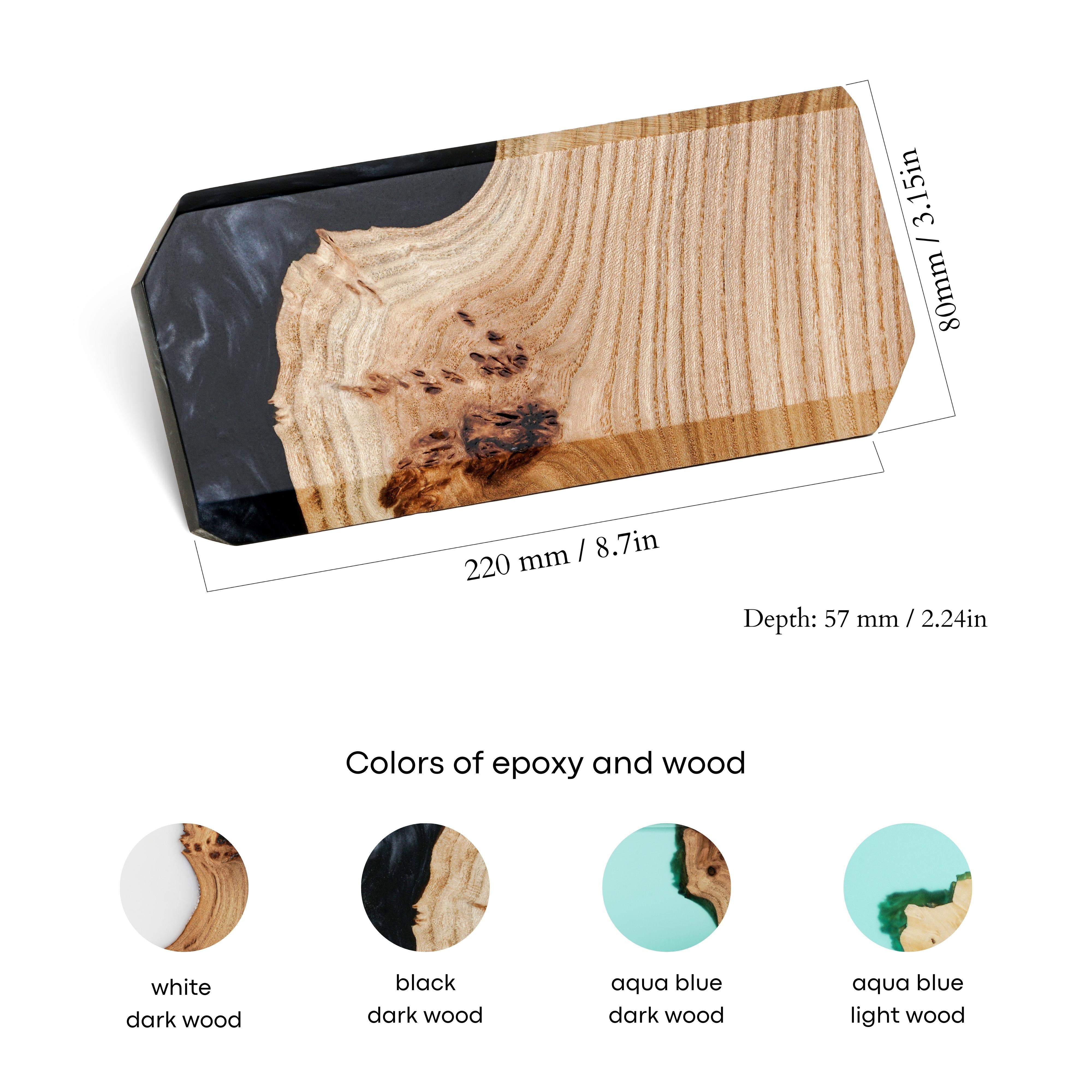Dimensions of the personalized MODERN desk name plate handcrafted from elm wood and black epoxy resin